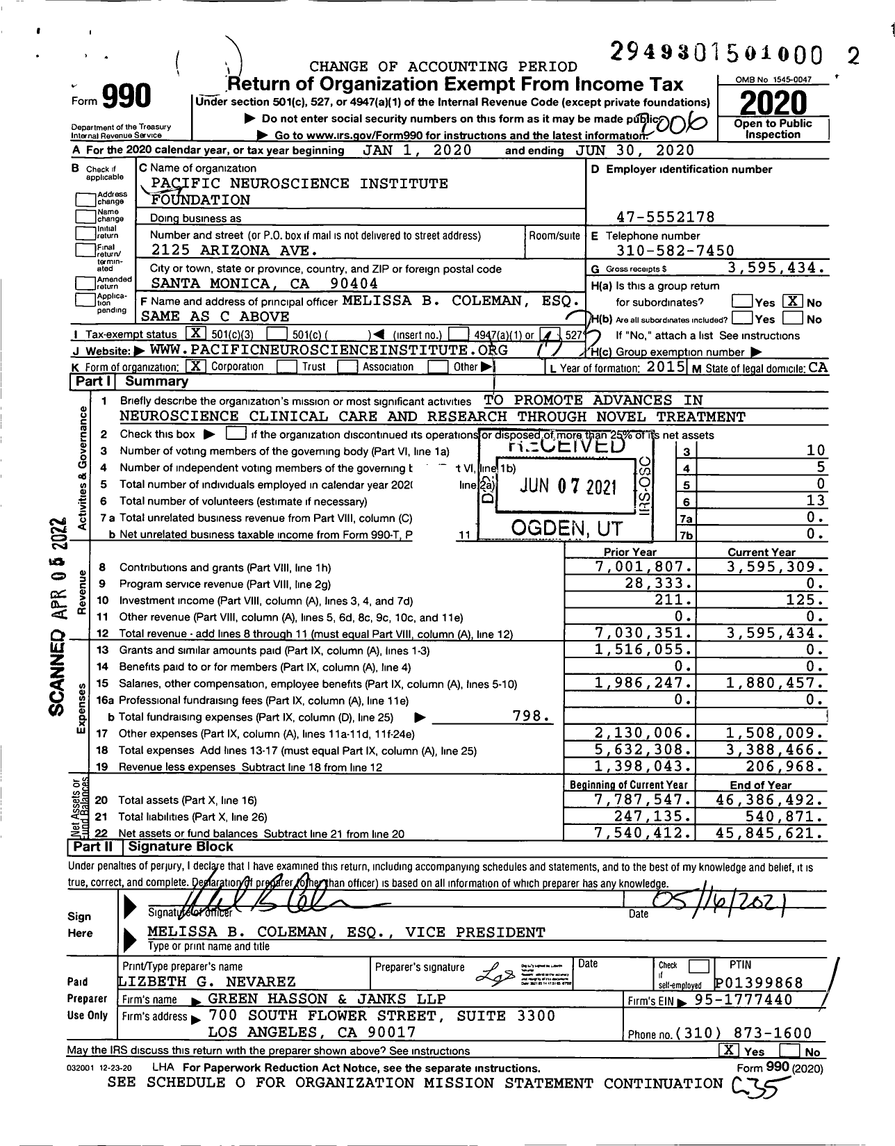 Image of first page of 2019 Form 990 for Pacific Neuroscience Institute Foundation