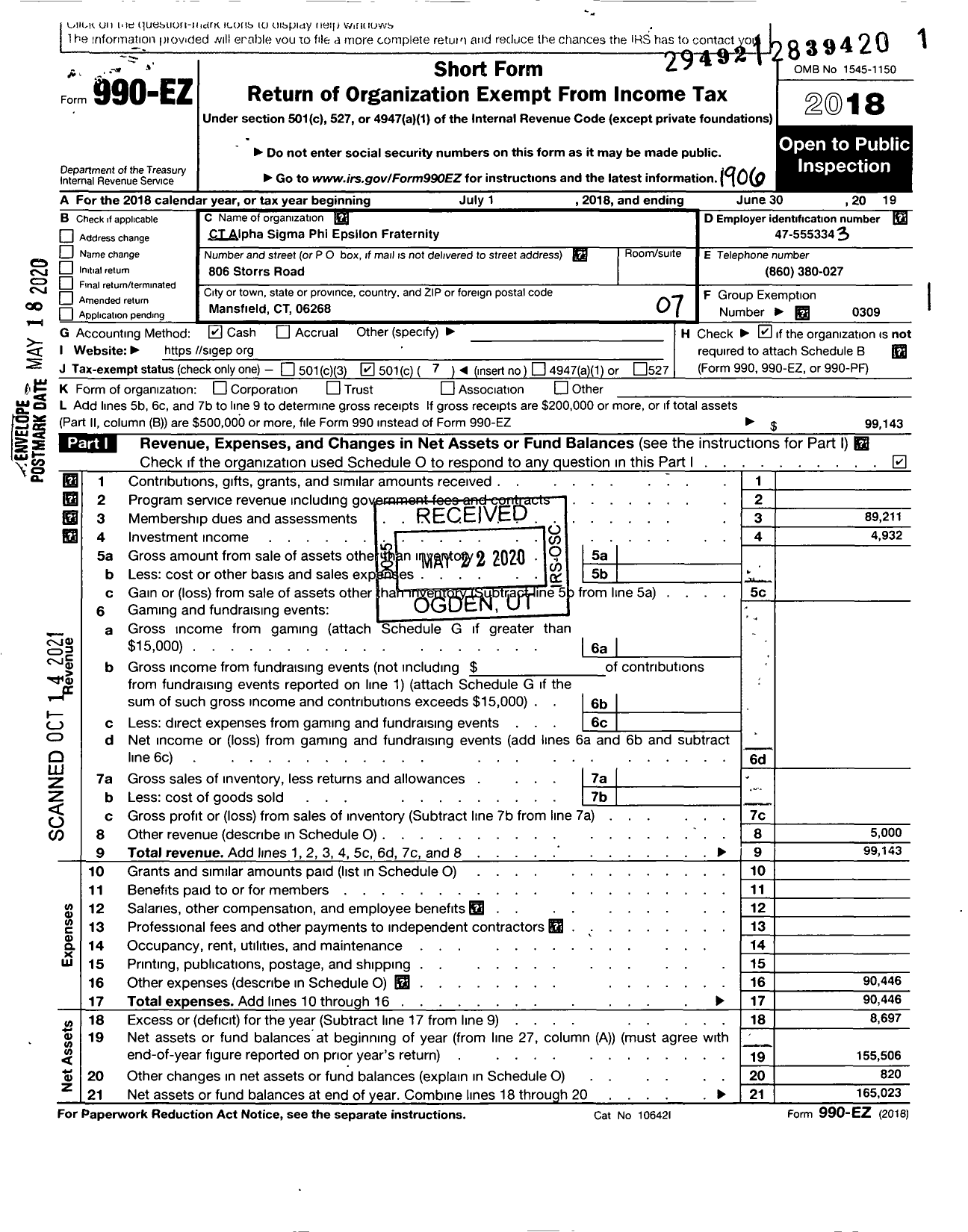 Image of first page of 2018 Form 990EO for Sigma Phi Epsilon - CT Alpha Chapter