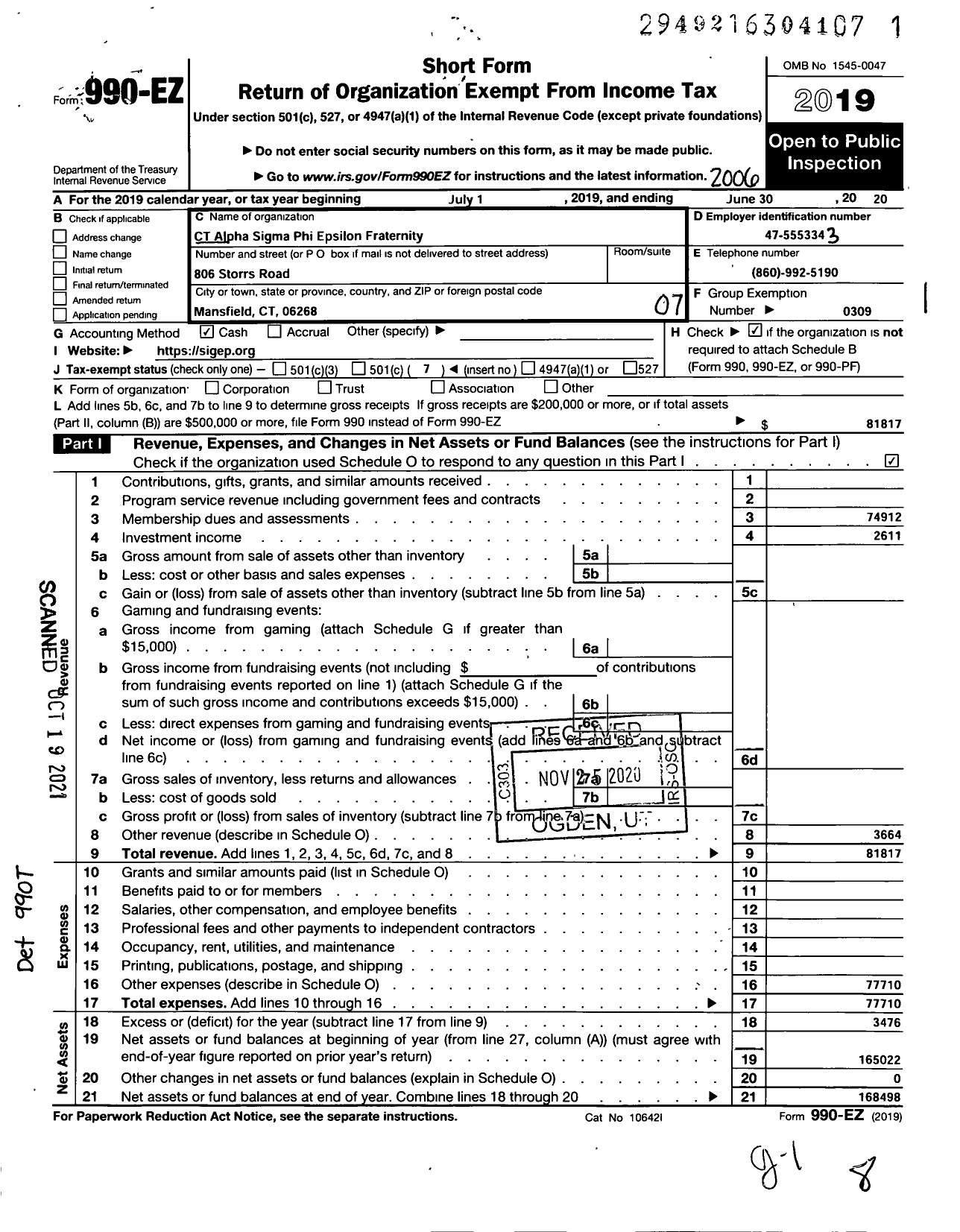 Image of first page of 2019 Form 990EO for Sigma Phi Epsilon - CT Alpha Chapter