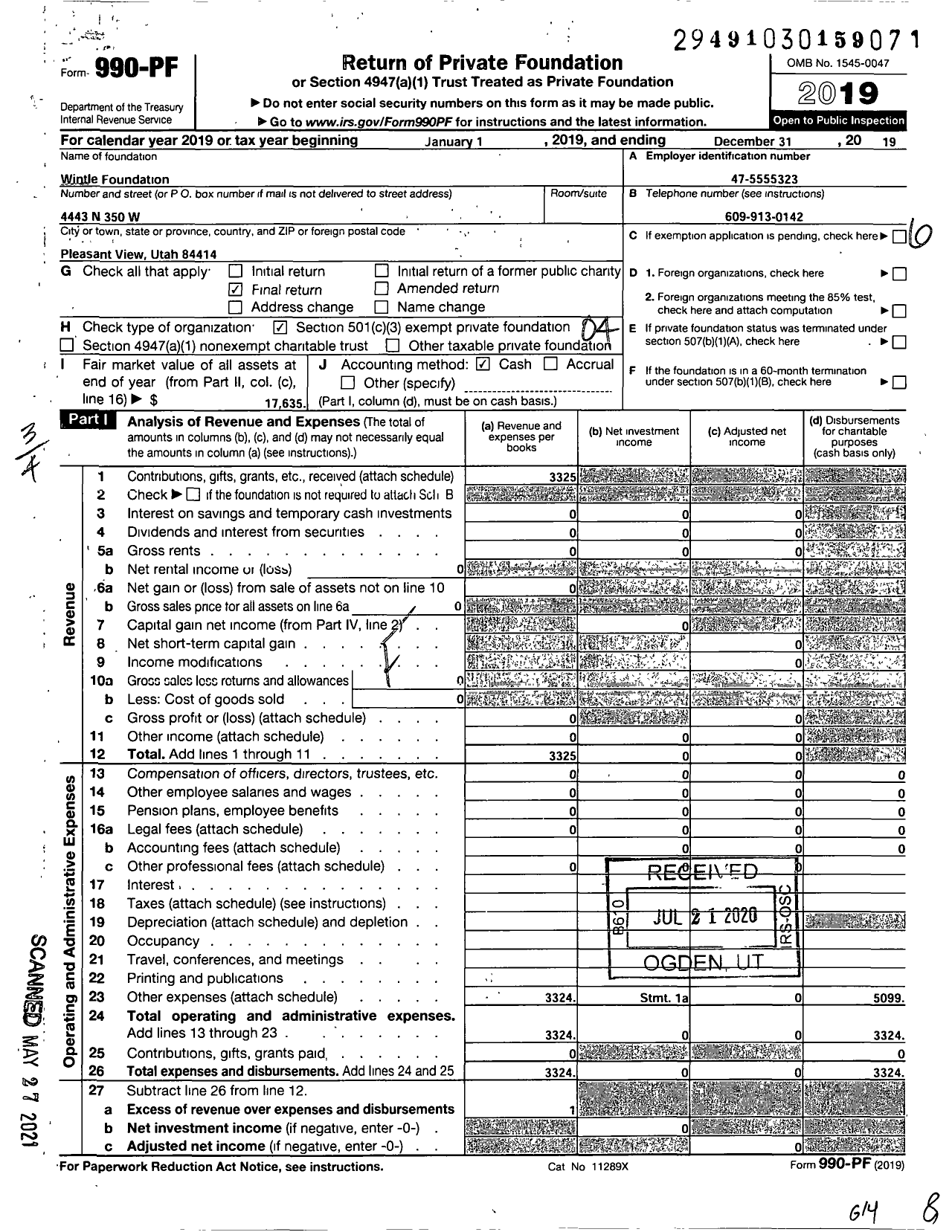 Image of first page of 2019 Form 990PF for Wintle Foundation