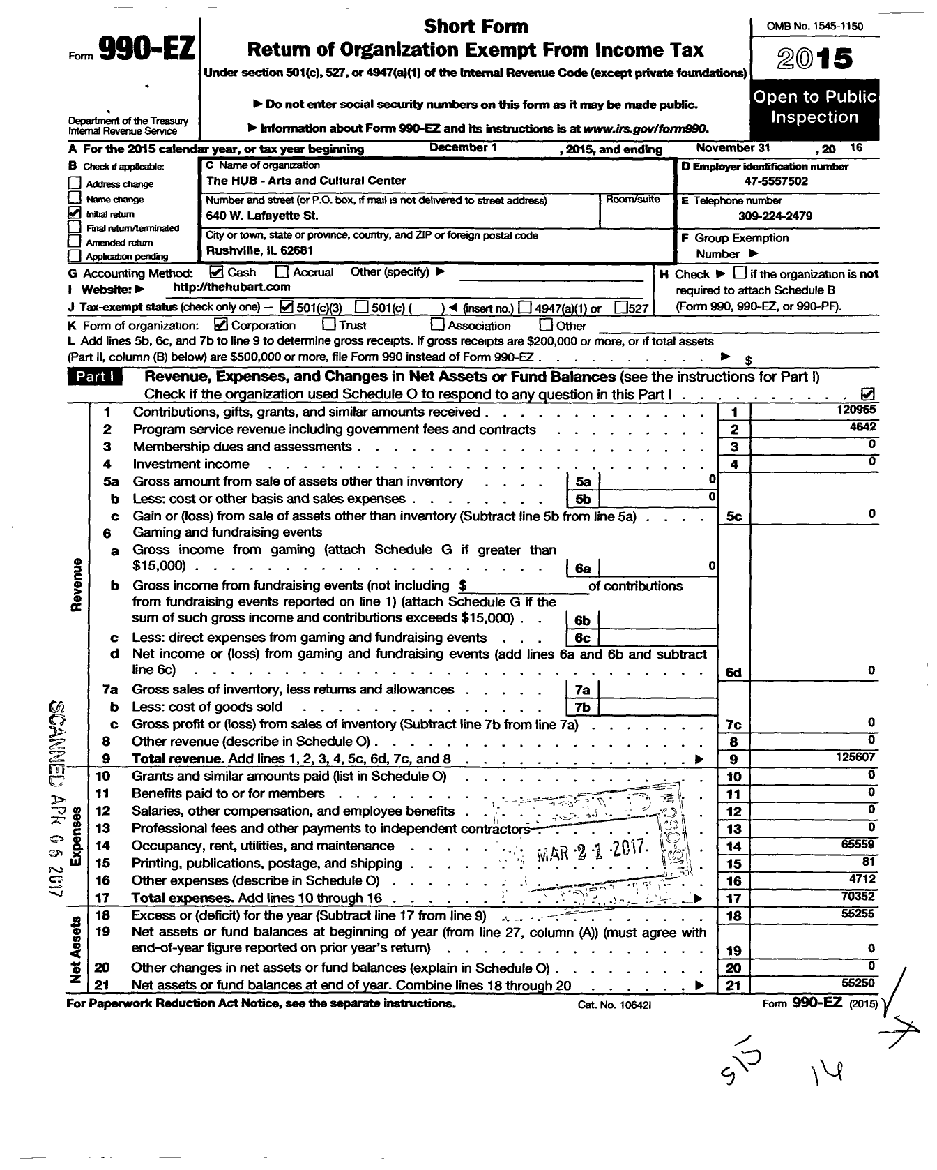 Image of first page of 2015 Form 990EZ for Hub-Arts and Cultural Center