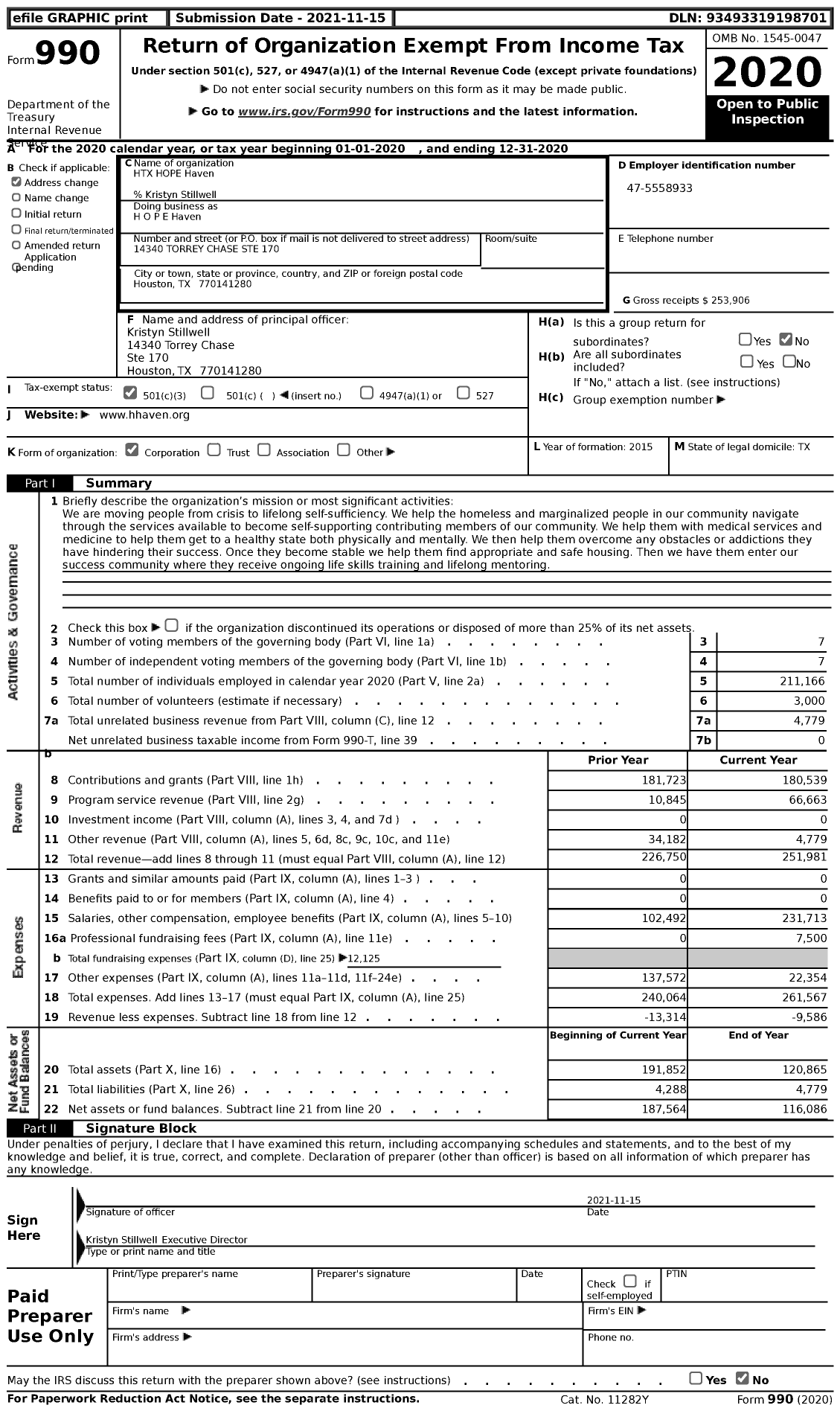 Image of first page of 2020 Form 990 for HTX HOPE Haven