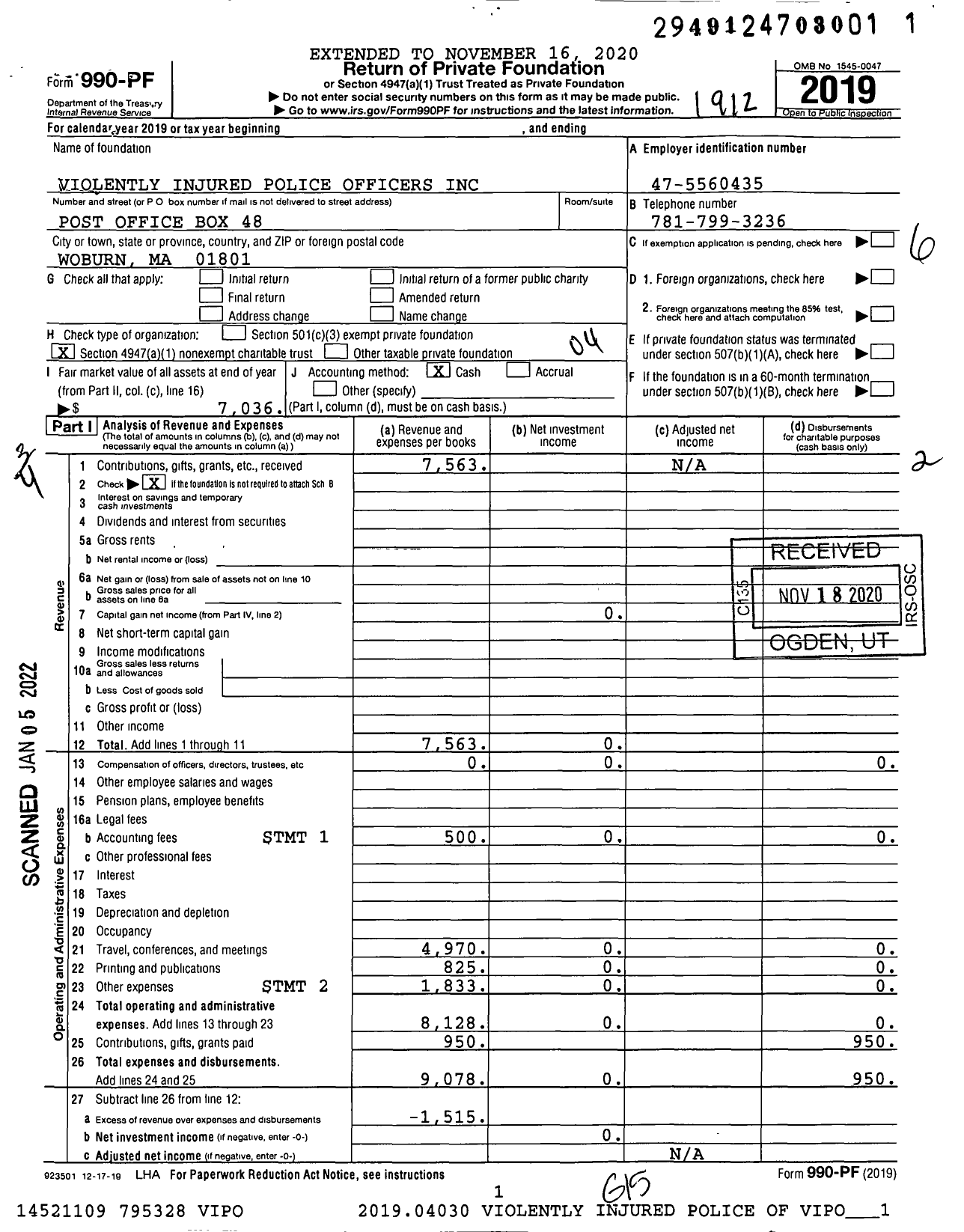 Image of first page of 2019 Form 990PF for Violently Injured Police Officers (VIPO)