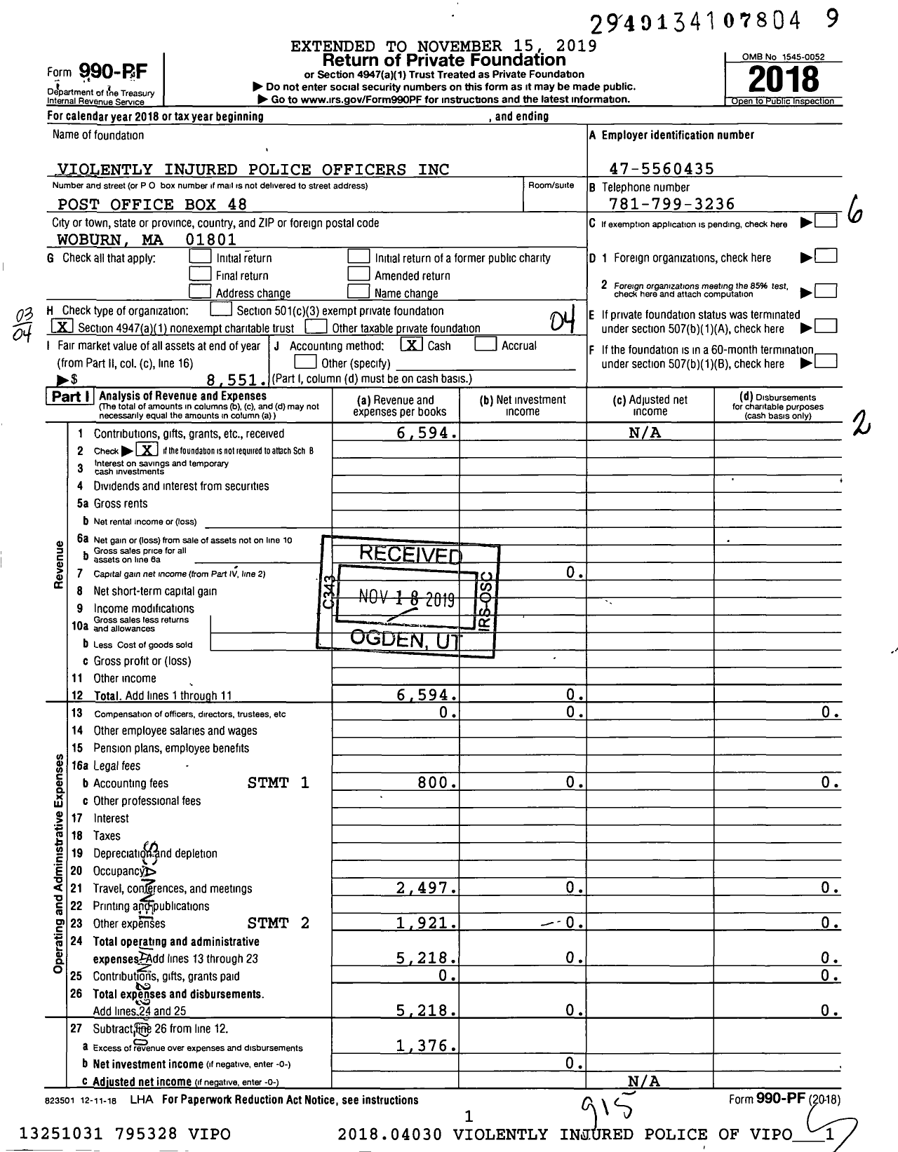 Image of first page of 2018 Form 990PF for Violently Injured Police Officers (VIPO)