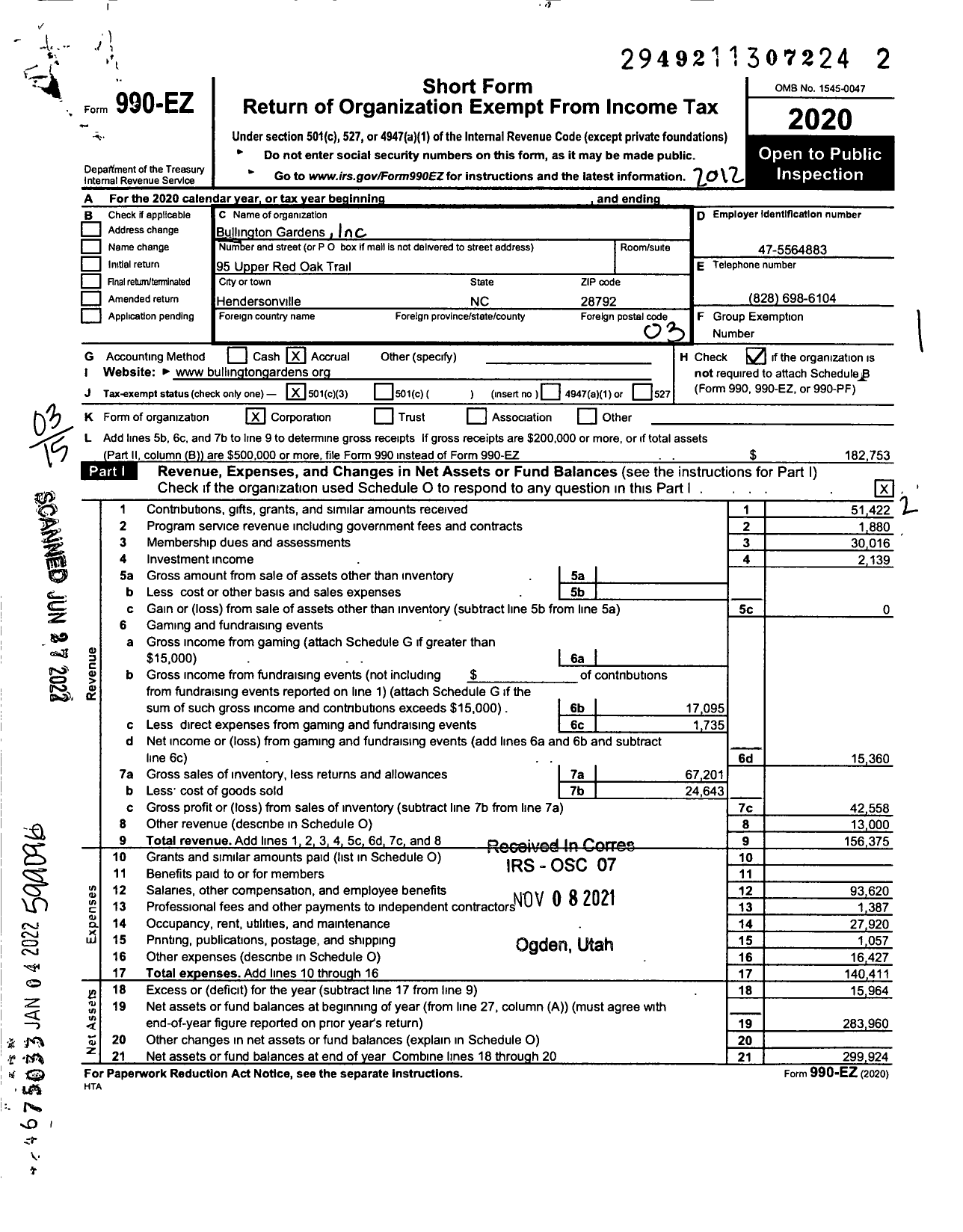 Image of first page of 2020 Form 990EZ for Bullington Gardens