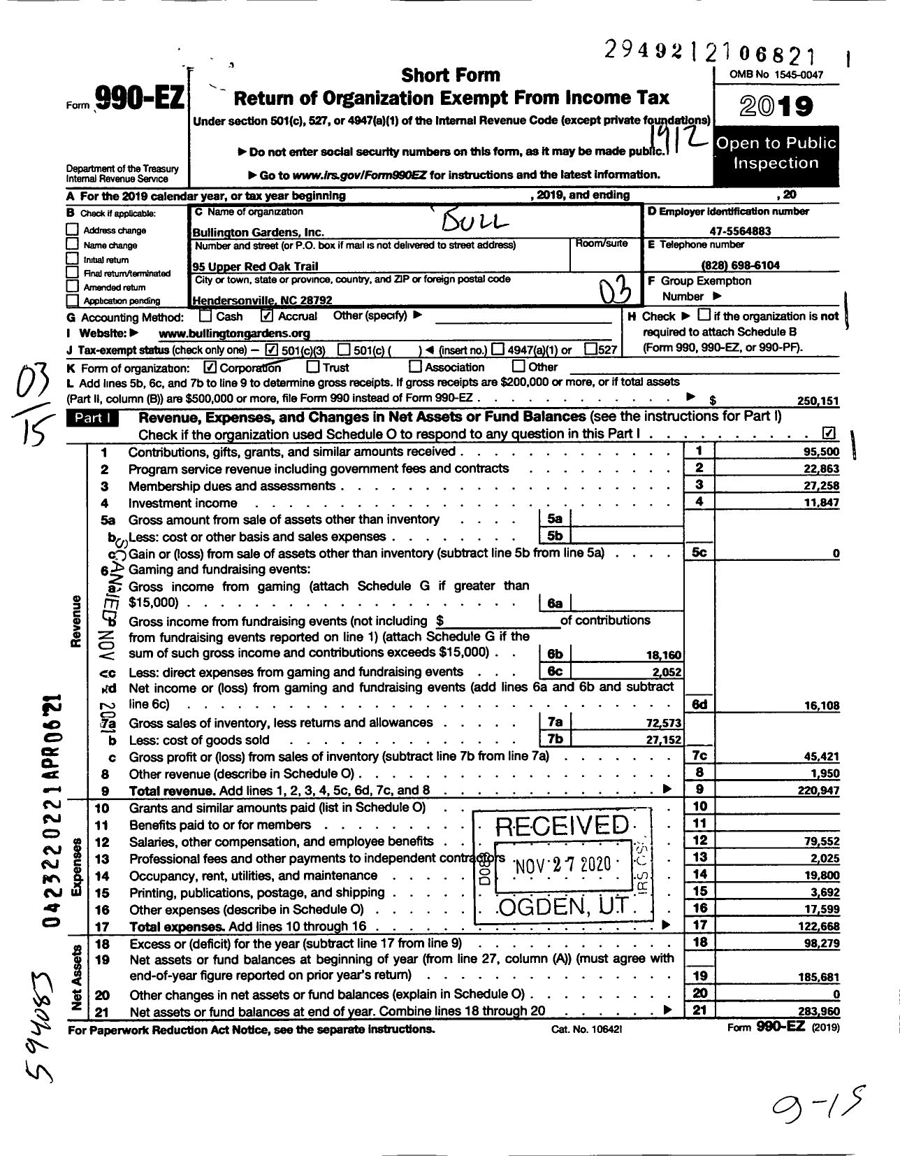 Image of first page of 2019 Form 990EZ for Bullington Gardens