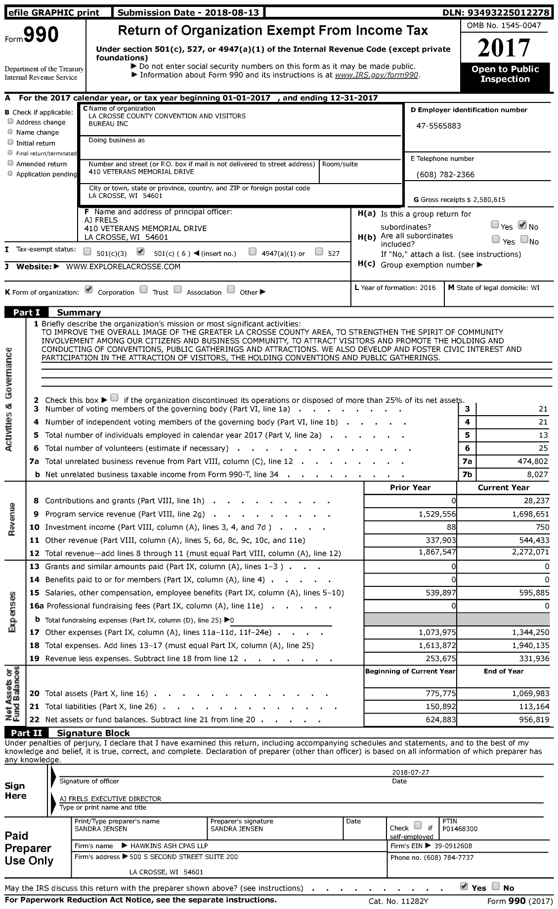 Image of first page of 2017 Form 990 for La Crosse County Convention and Visitors Bureau