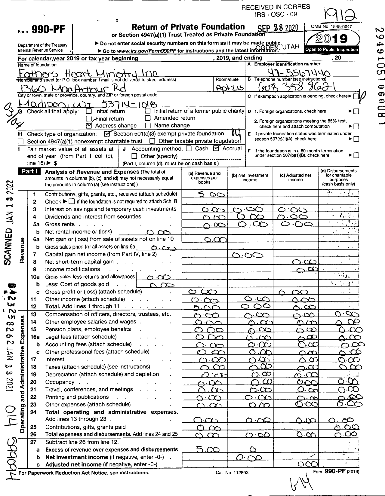 Image of first page of 2019 Form 990PF for Father's Heart Ministry