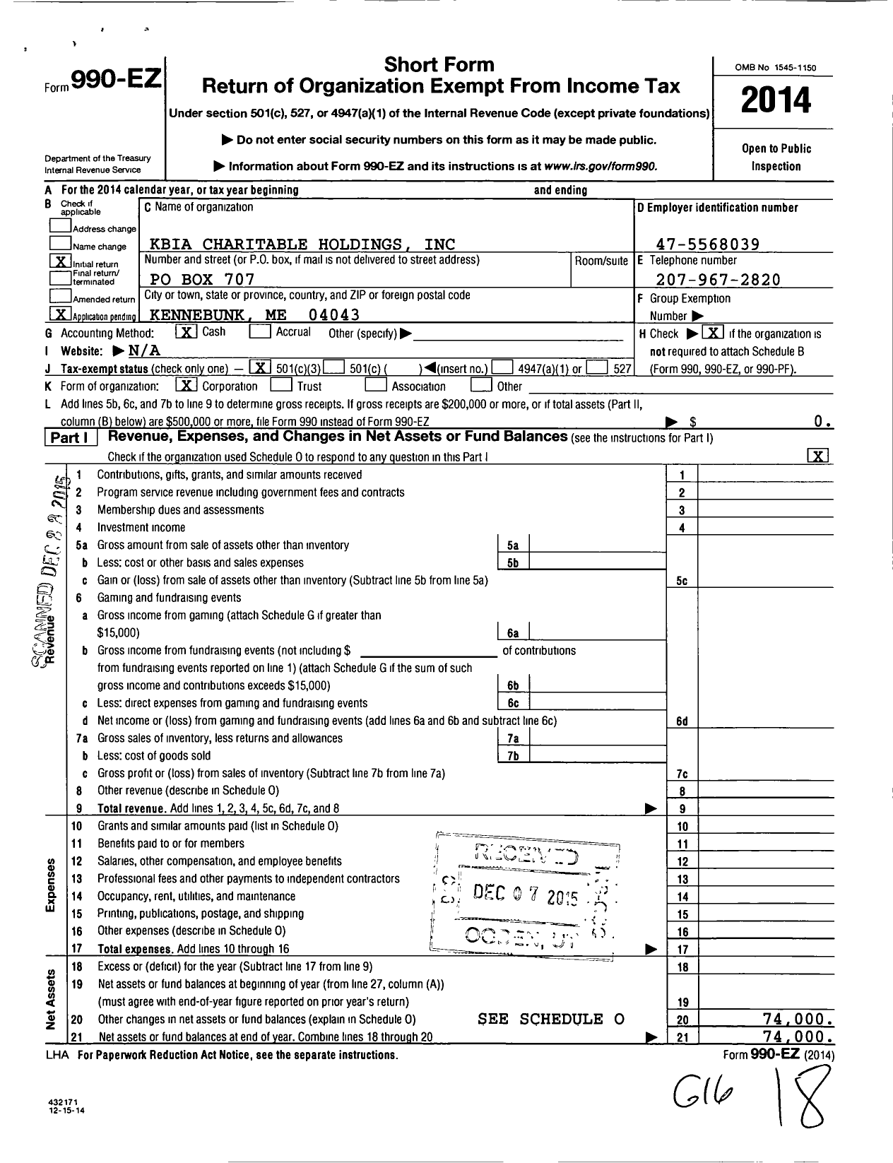 Image of first page of 2014 Form 990EZ for Kbia Charitable Holdings