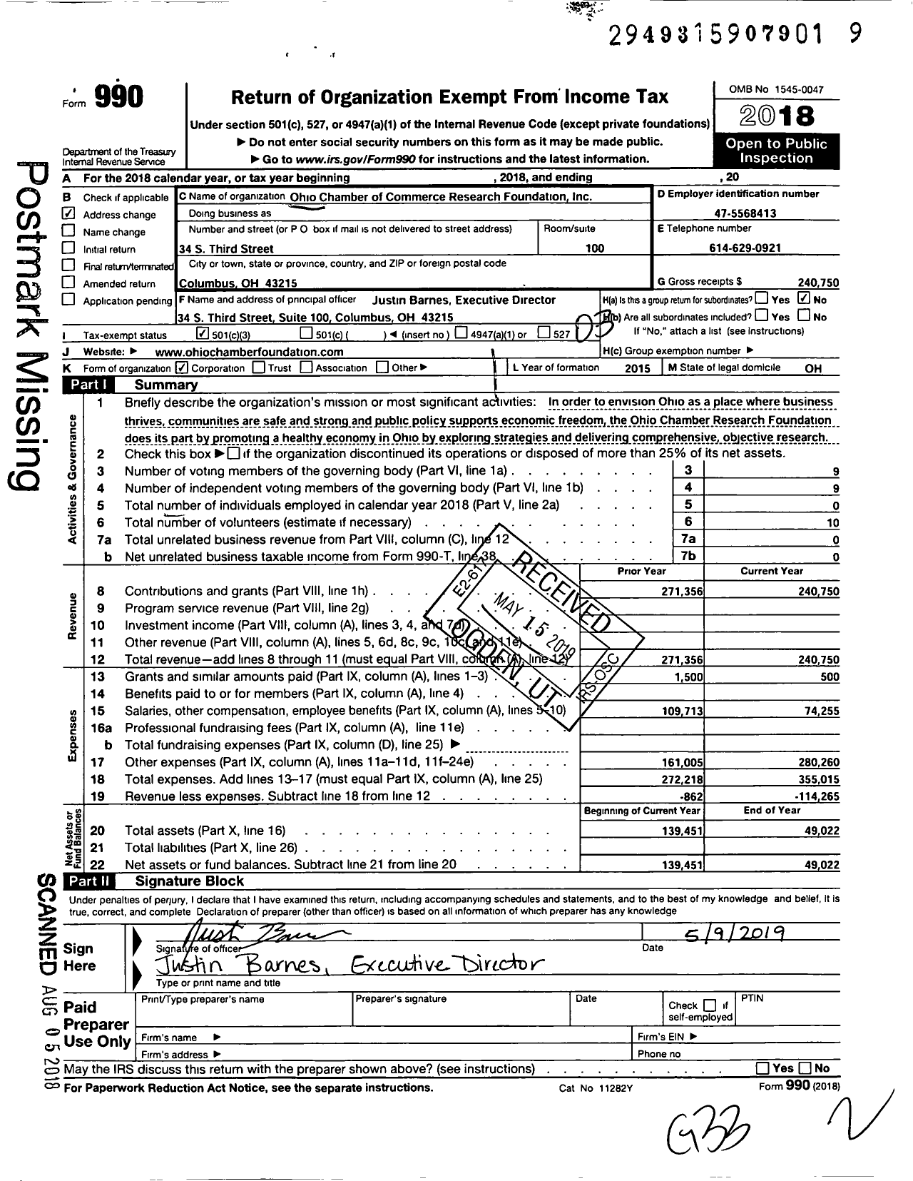 Image of first page of 2018 Form 990 for Ohio Chamber of Commerce Research Foundation