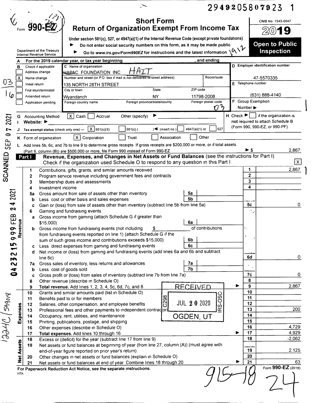 Image of first page of 2019 Form 990EZ for Hapac Foundation