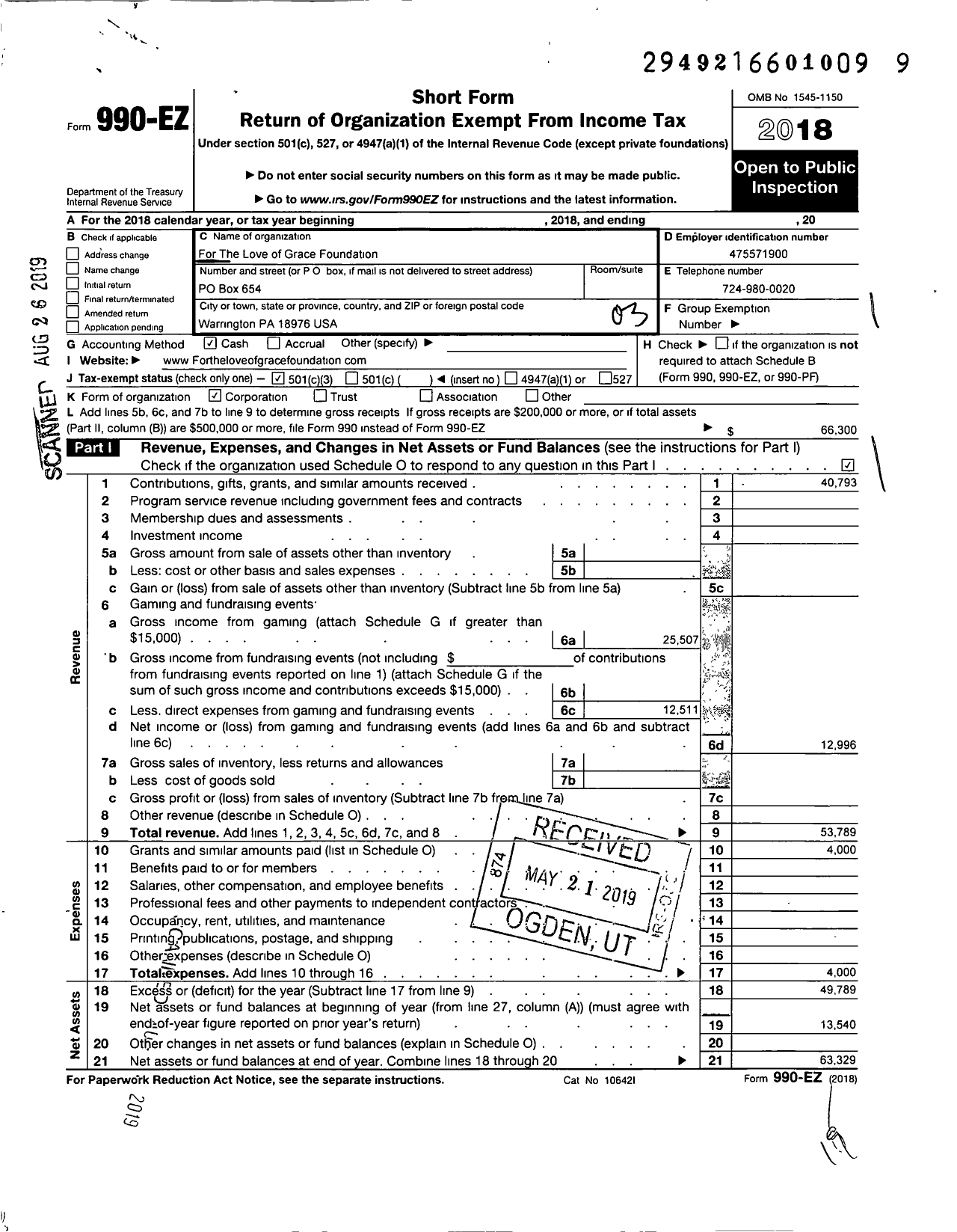 Image of first page of 2018 Form 990EZ for For the Love of Grace Foundation