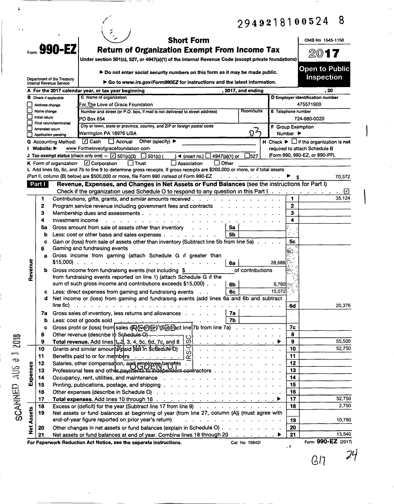 Image of first page of 2017 Form 990EZ for For the Love of Grace Foundation