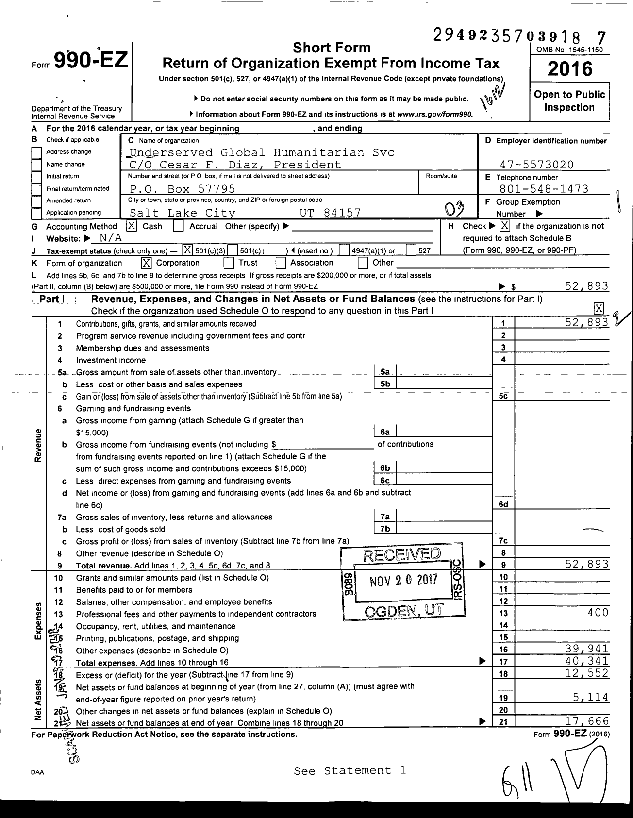 Image of first page of 2016 Form 990EZ for Underserved Global Humanitarian Services