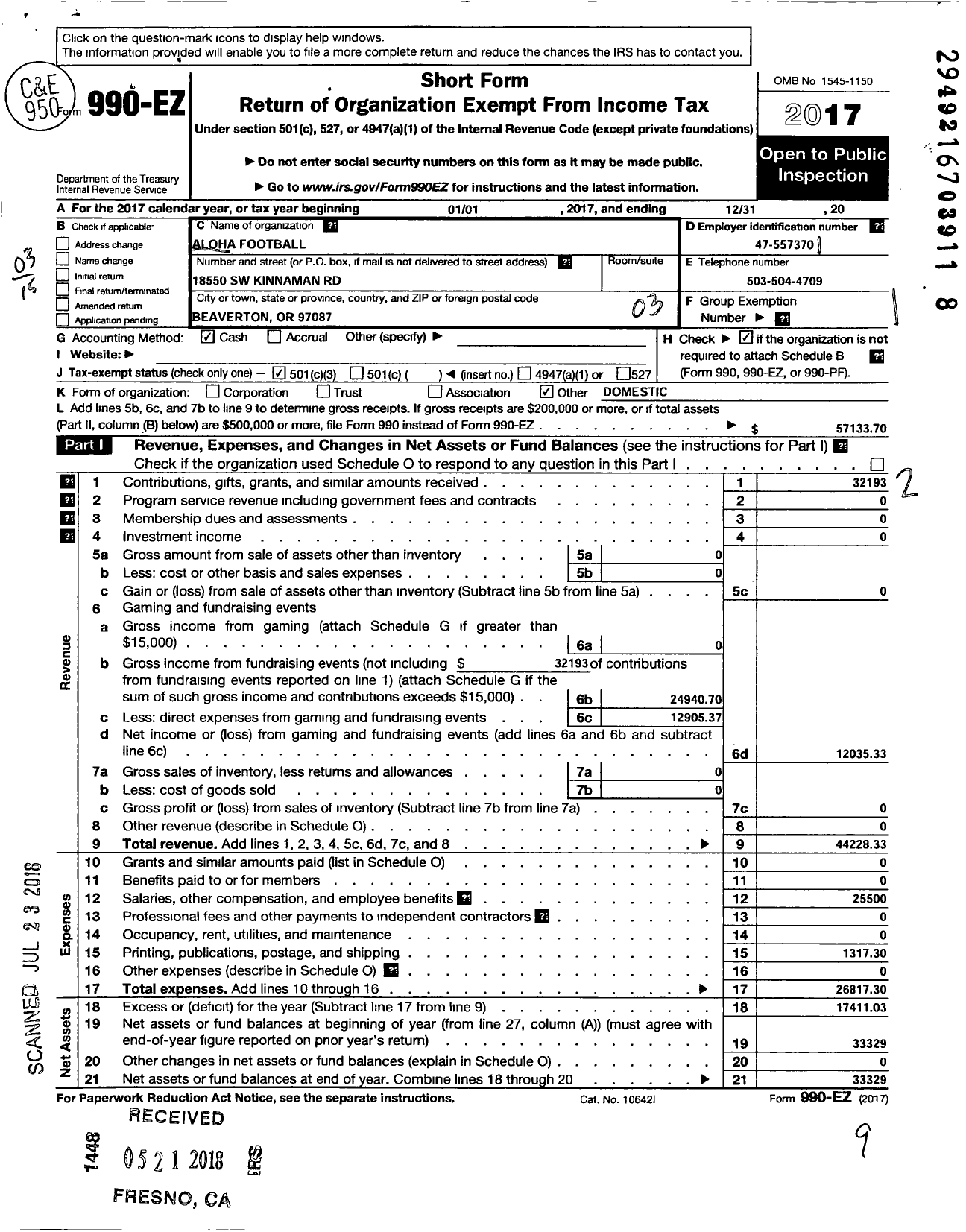 Image of first page of 2017 Form 990EZ for Aloha Football