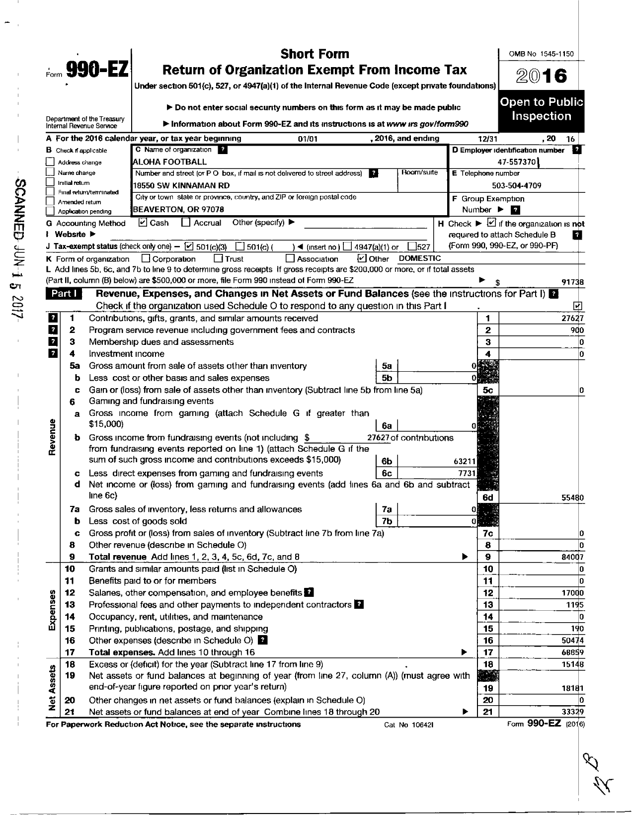 Image of first page of 2016 Form 990EZ for Aloha Football