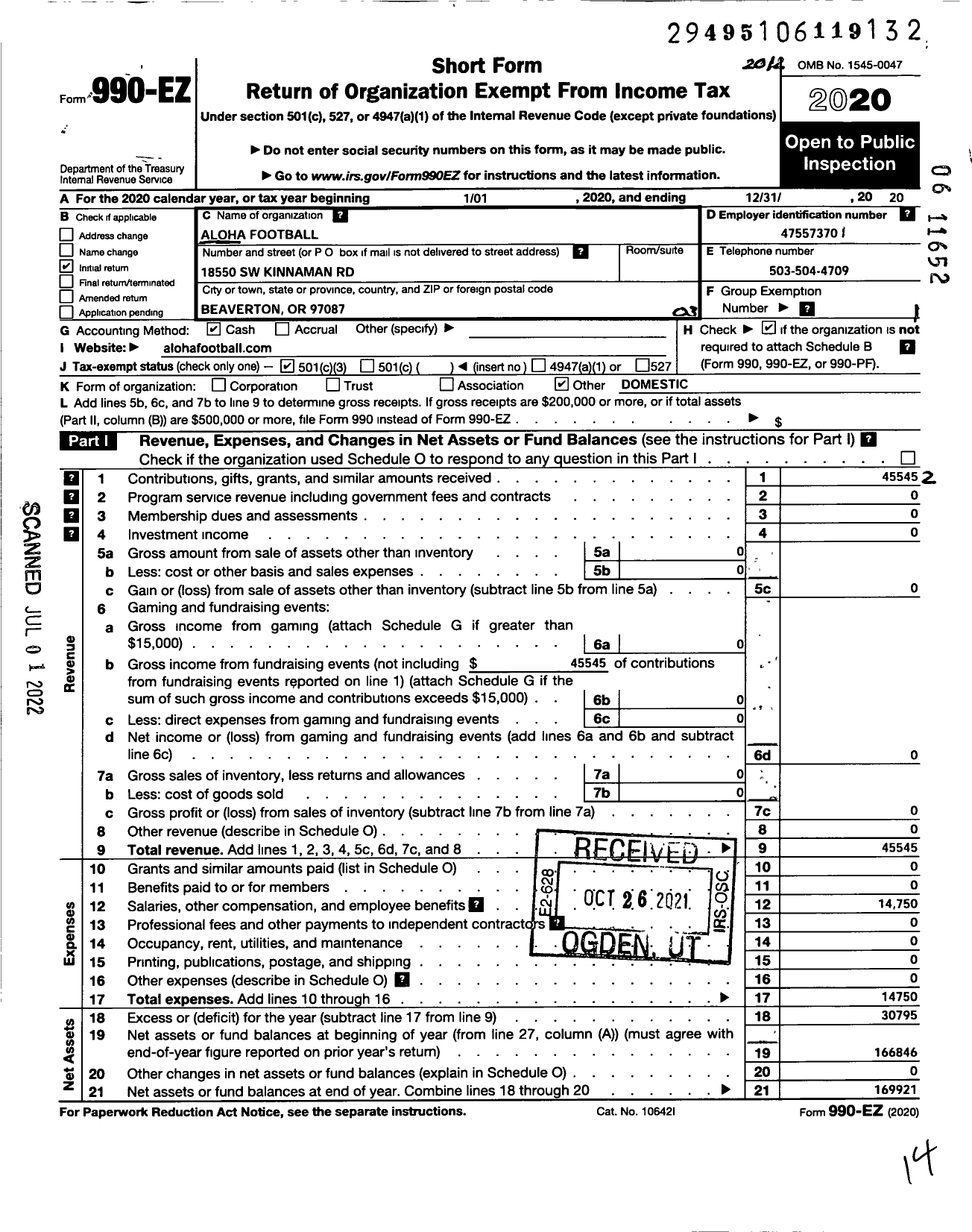 Image of first page of 2020 Form 990EZ for Aloha Football