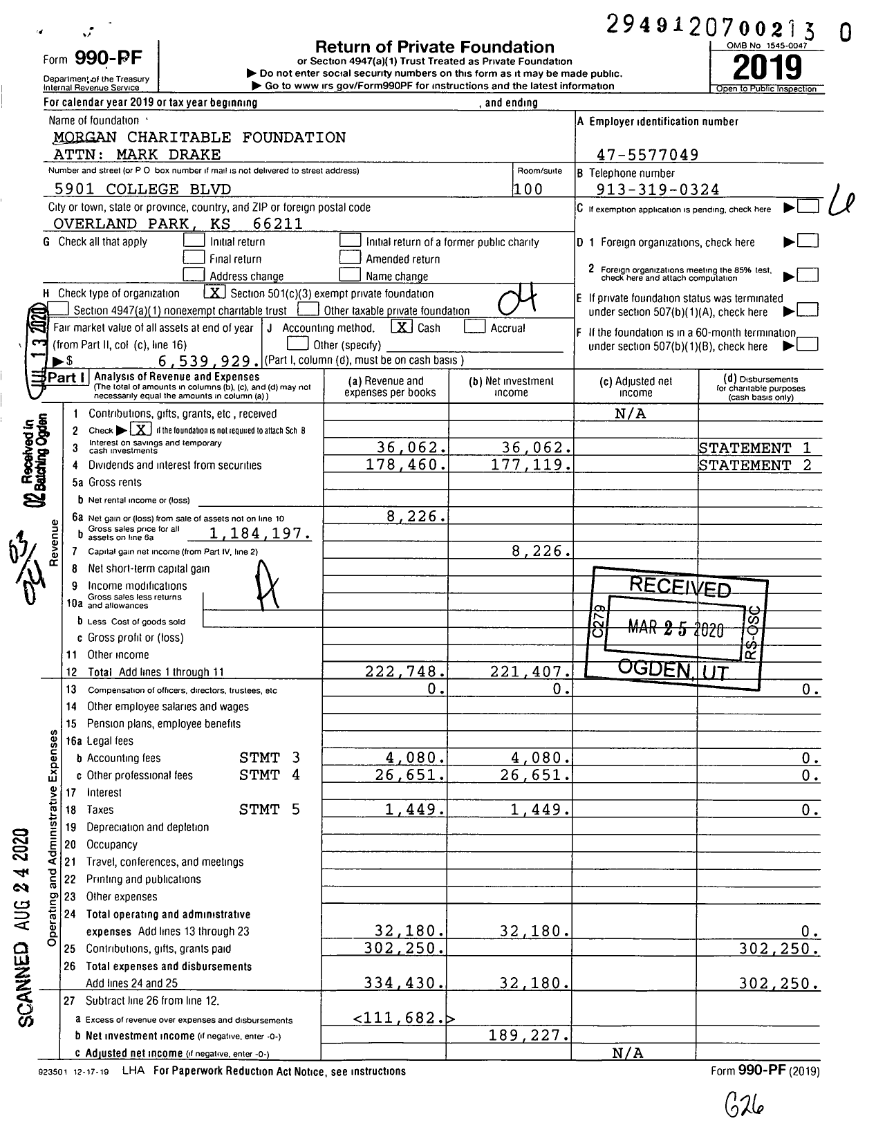 Image of first page of 2019 Form 990PR for Morgan Charitable Foundation Attn Rick Ellis