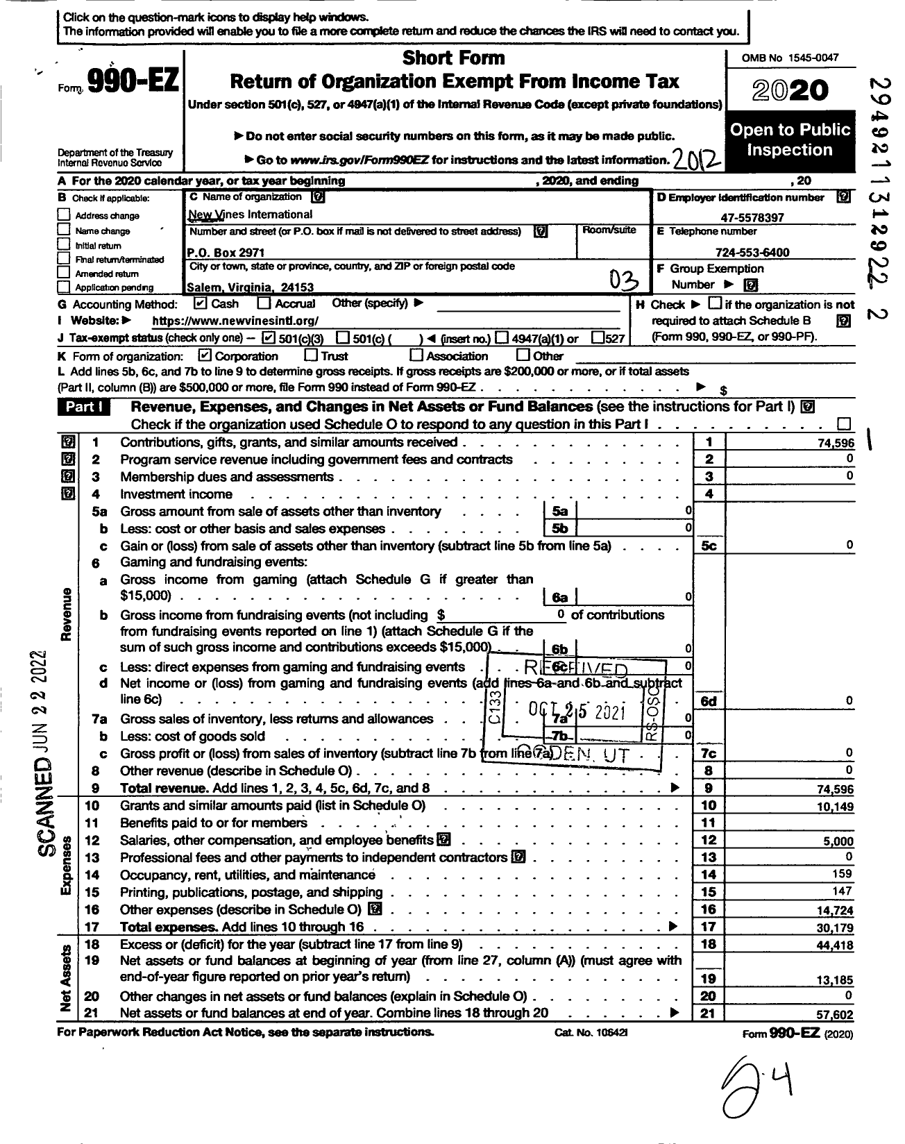 Image of first page of 2020 Form 990EZ for Newvines International