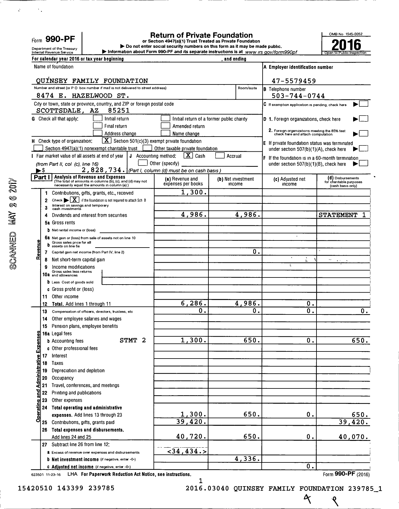 Image of first page of 2016 Form 990PF for Quinsey Family Foundation