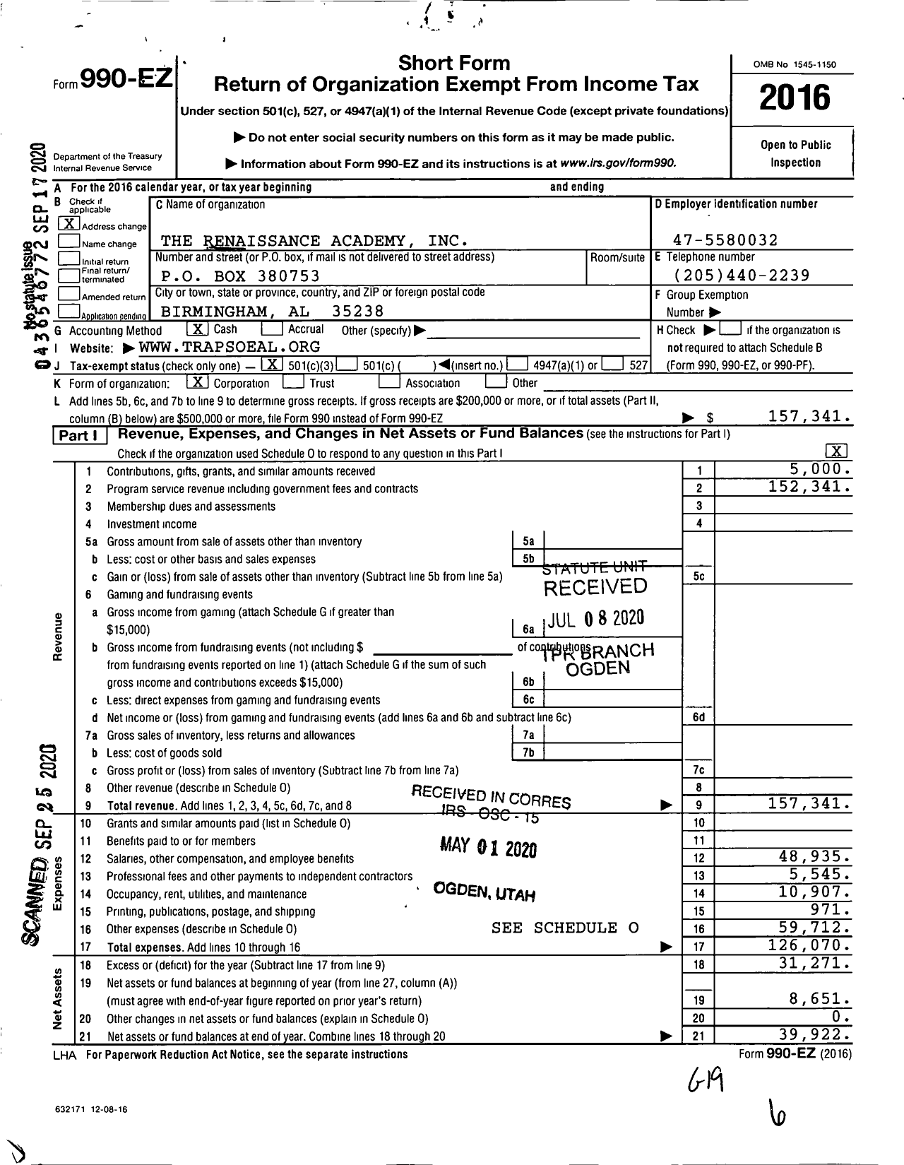 Image of first page of 2016 Form 990EA for The Renaissance Academy