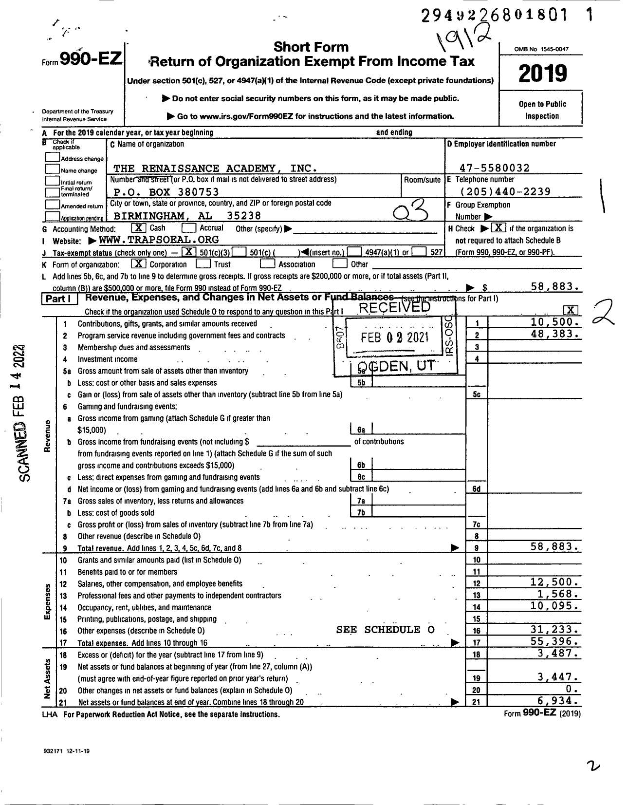 Image of first page of 2019 Form 990EZ for The Renaissance Academy