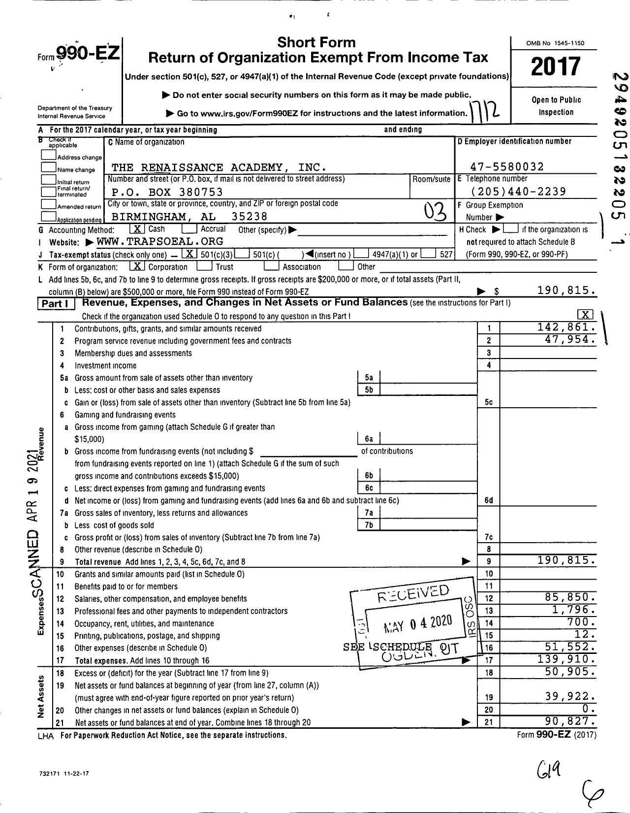 Image of first page of 2017 Form 990EZ for The Renaissance Academy