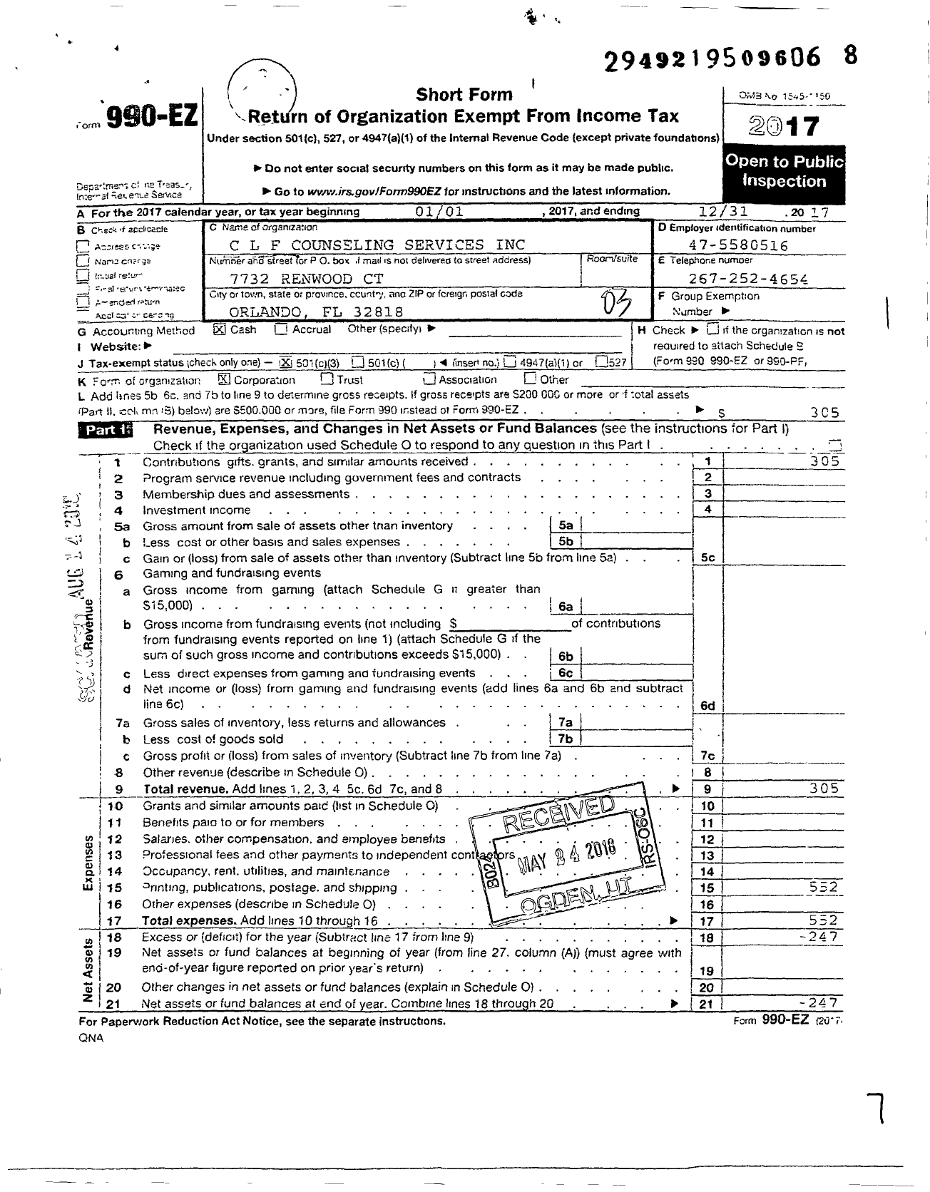 Image of first page of 2017 Form 990EZ for Changing Life Family Counseling Services