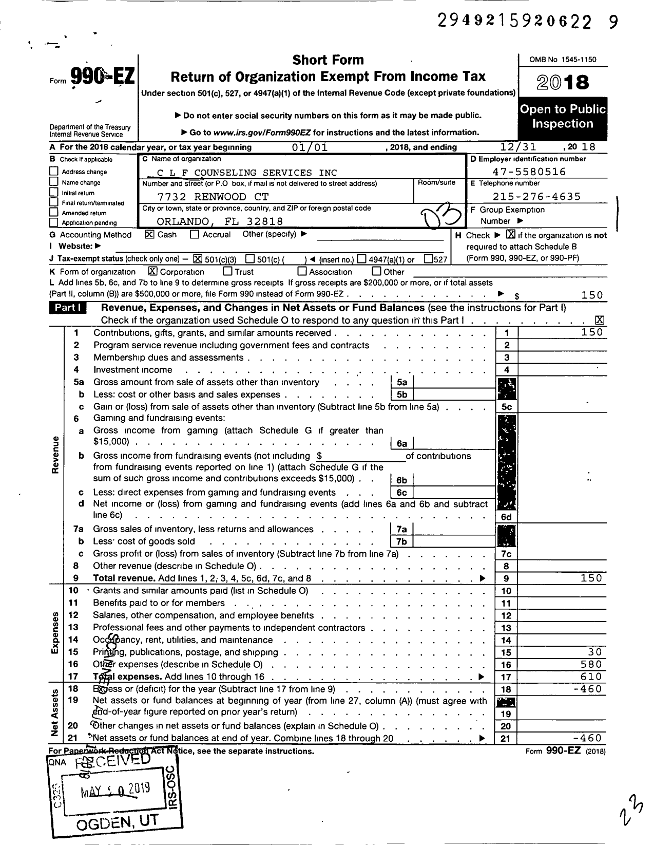 Image of first page of 2018 Form 990EZ for Changing Life Family Counseling Services