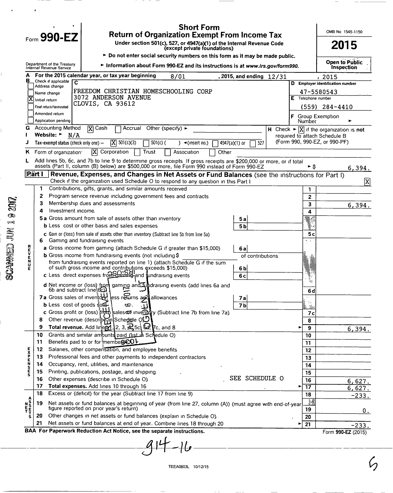 Image of first page of 2015 Form 990EZ for Freedom Christian Homeschooling Corporation