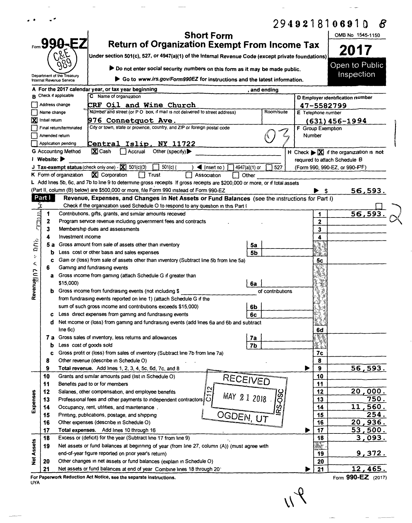 Image of first page of 2017 Form 990EZ for CRF Oil and Wine