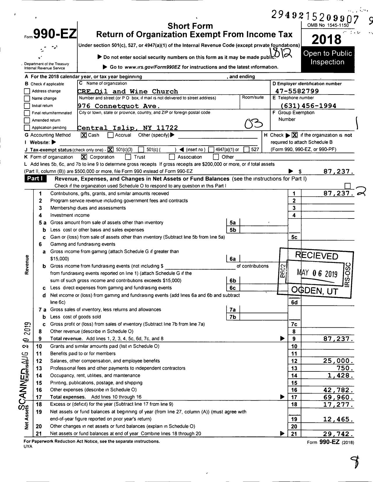 Image of first page of 2018 Form 990EZ for CRF Oil and Wine