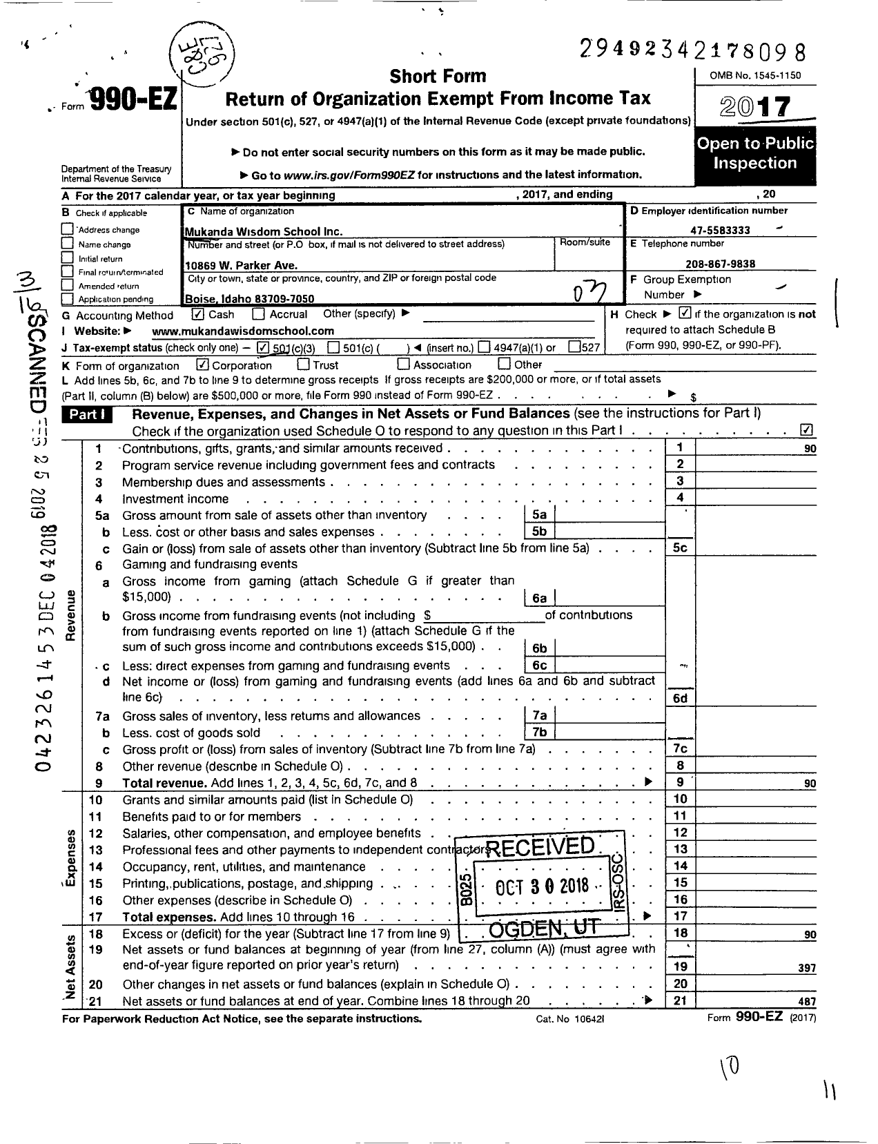 Image of first page of 2017 Form 990EZ for Mukanda Wisdom School