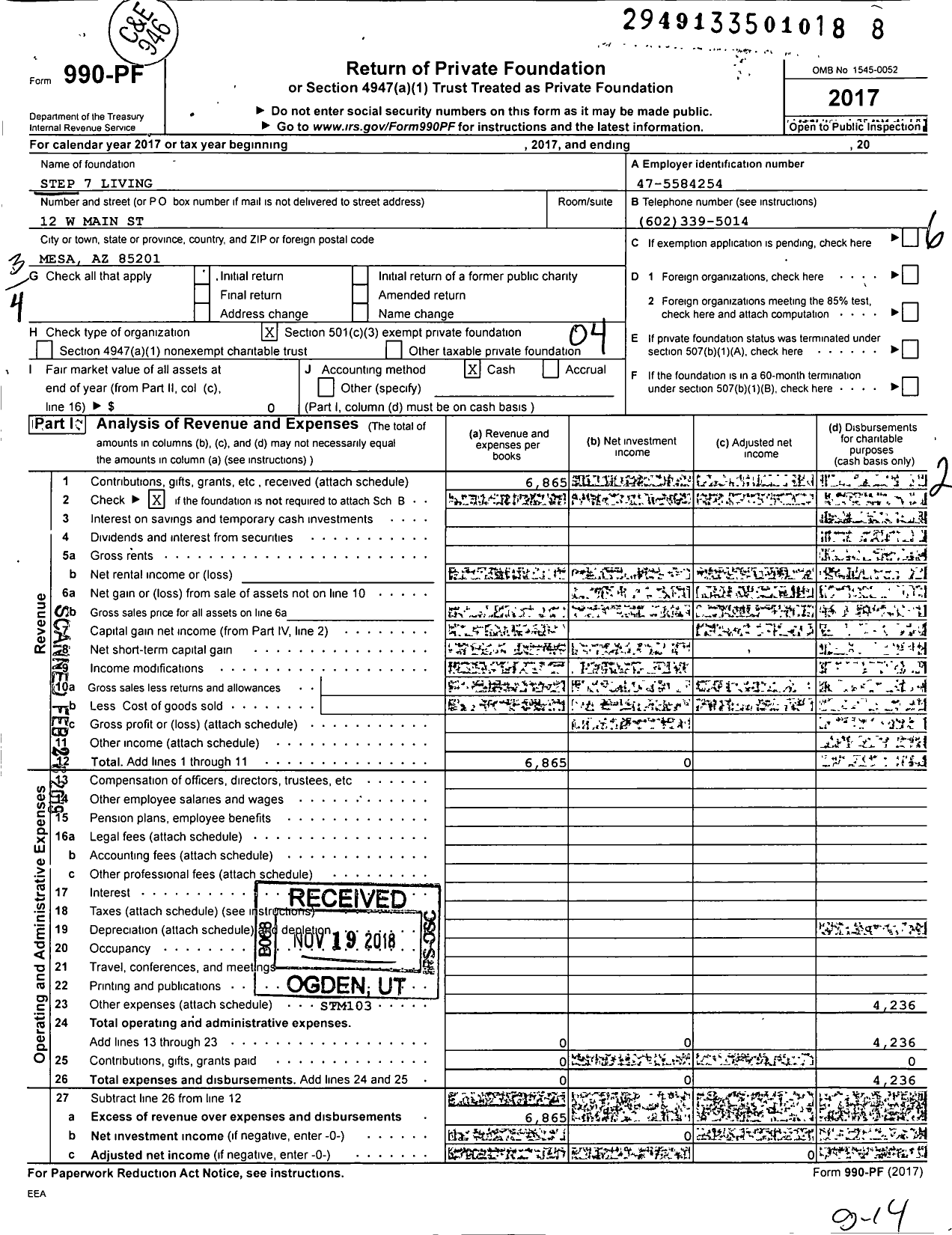 Image of first page of 2017 Form 990PF for Step 7 Living