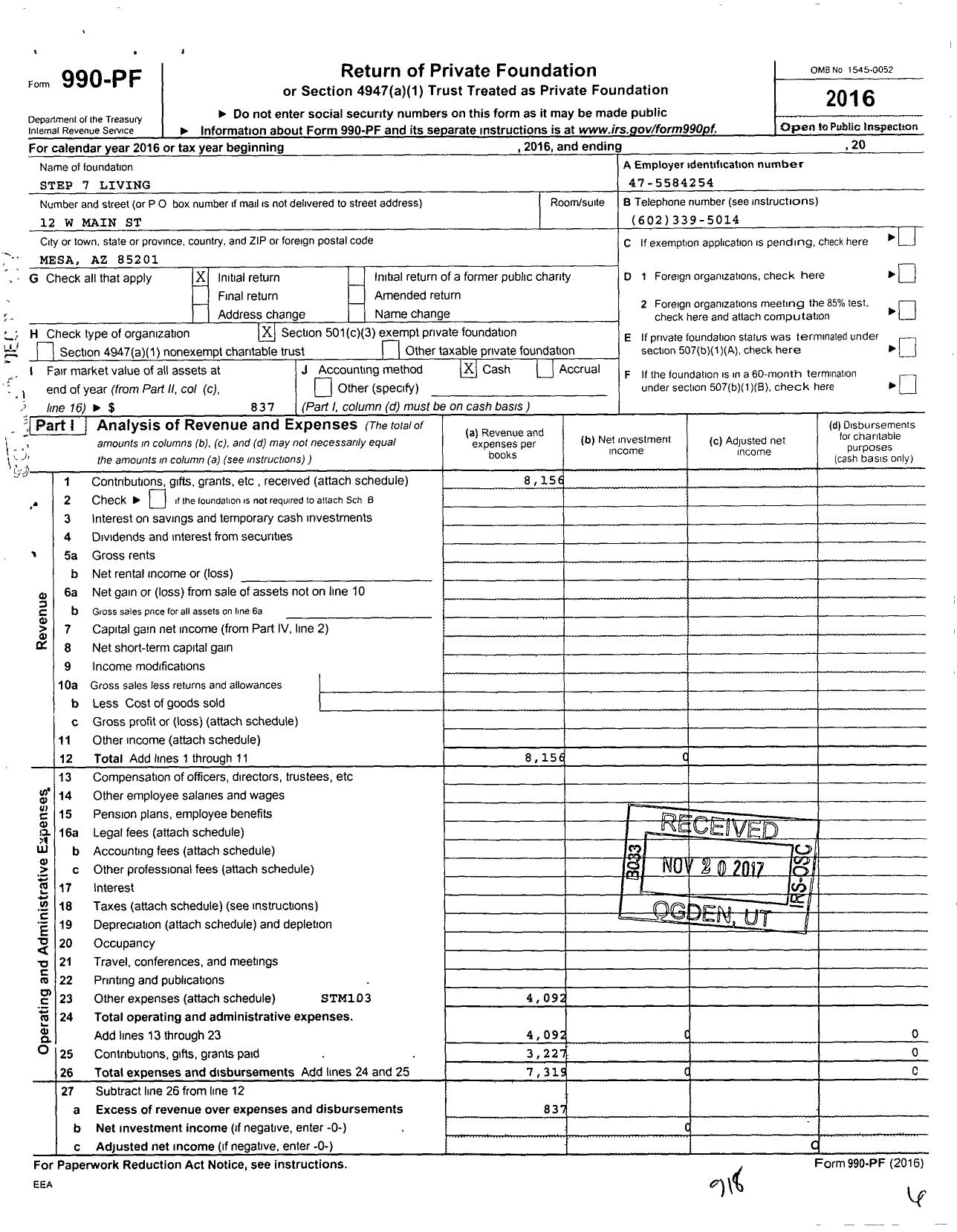 Image of first page of 2016 Form 990PF for Step 7 Living