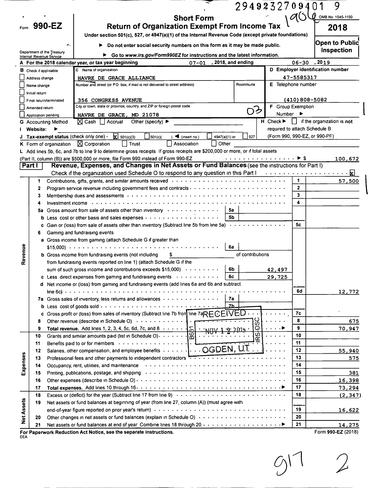 Image of first page of 2018 Form 990EZ for Havre de Grace Alliance