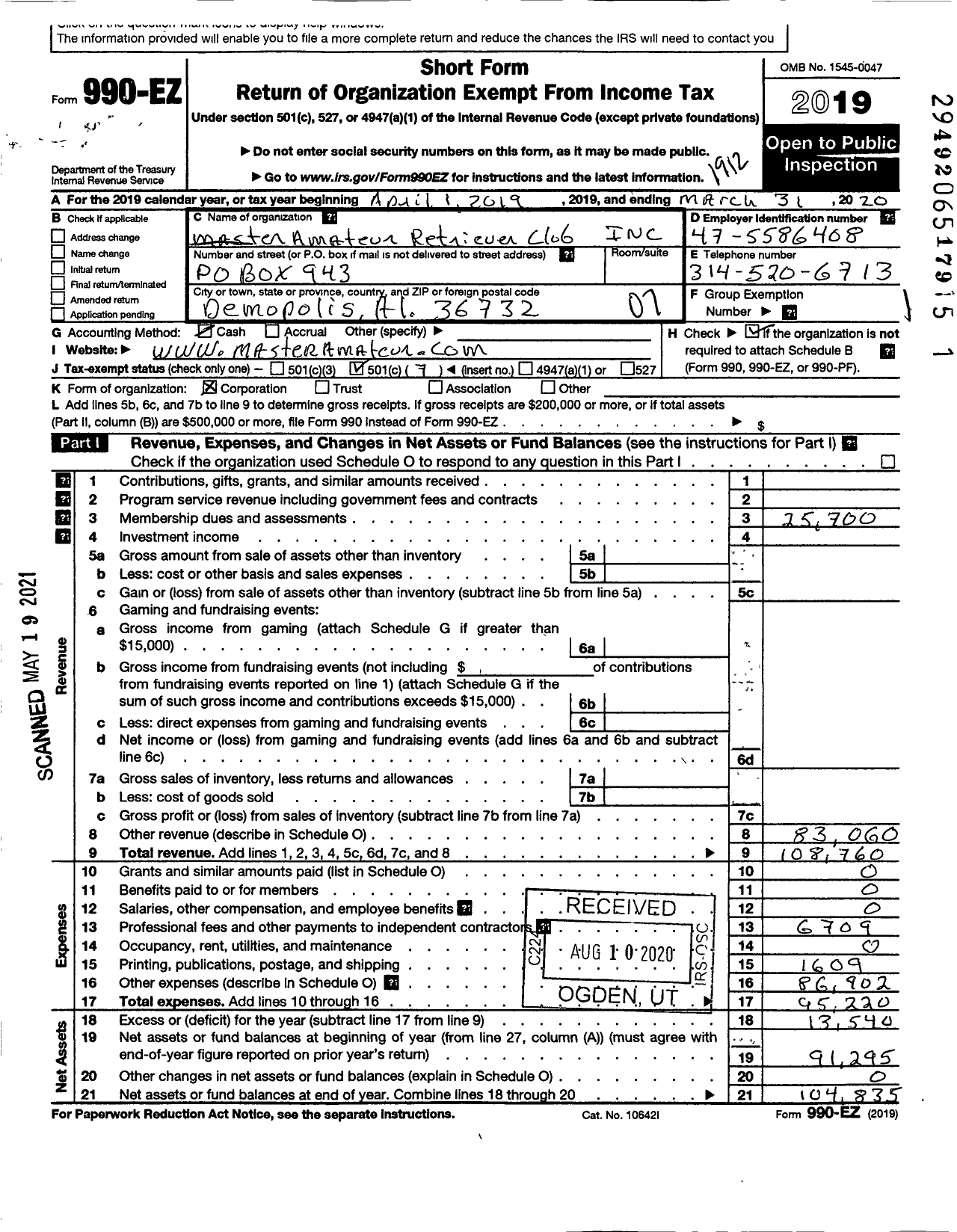 Image of first page of 2019 Form 990EO for Master National Amateur Retriever Club (MNARC)