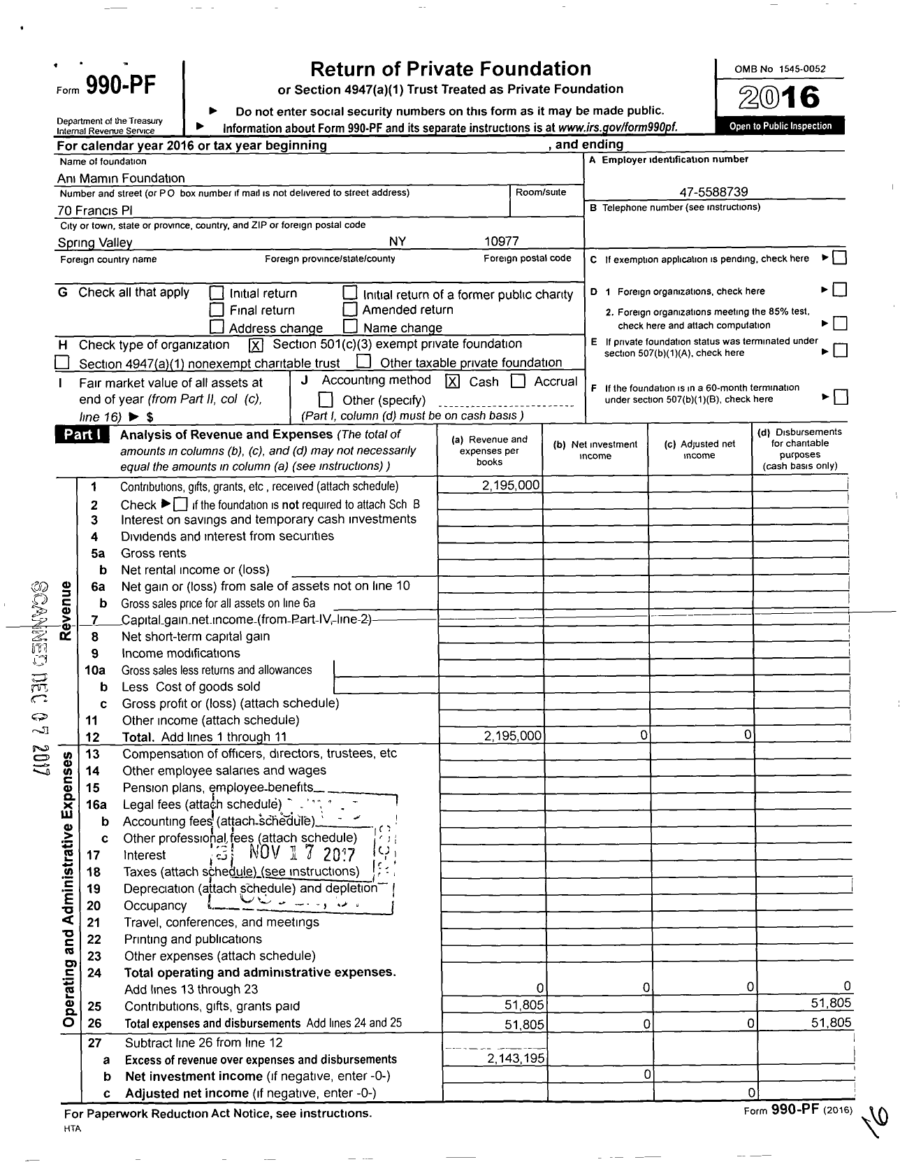 Image of first page of 2016 Form 990PF for Ani Mamin Foundation