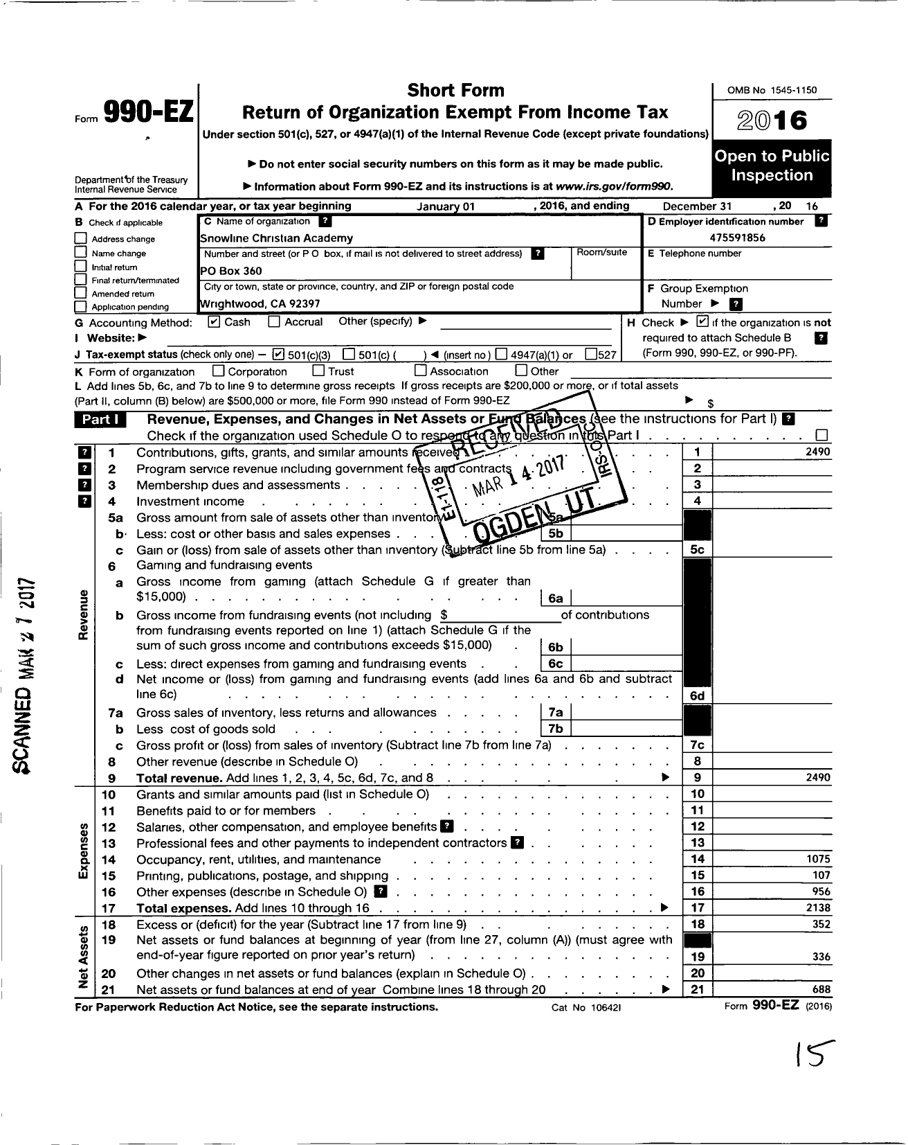 Image of first page of 2016 Form 990EZ for Snowline Christian Academy