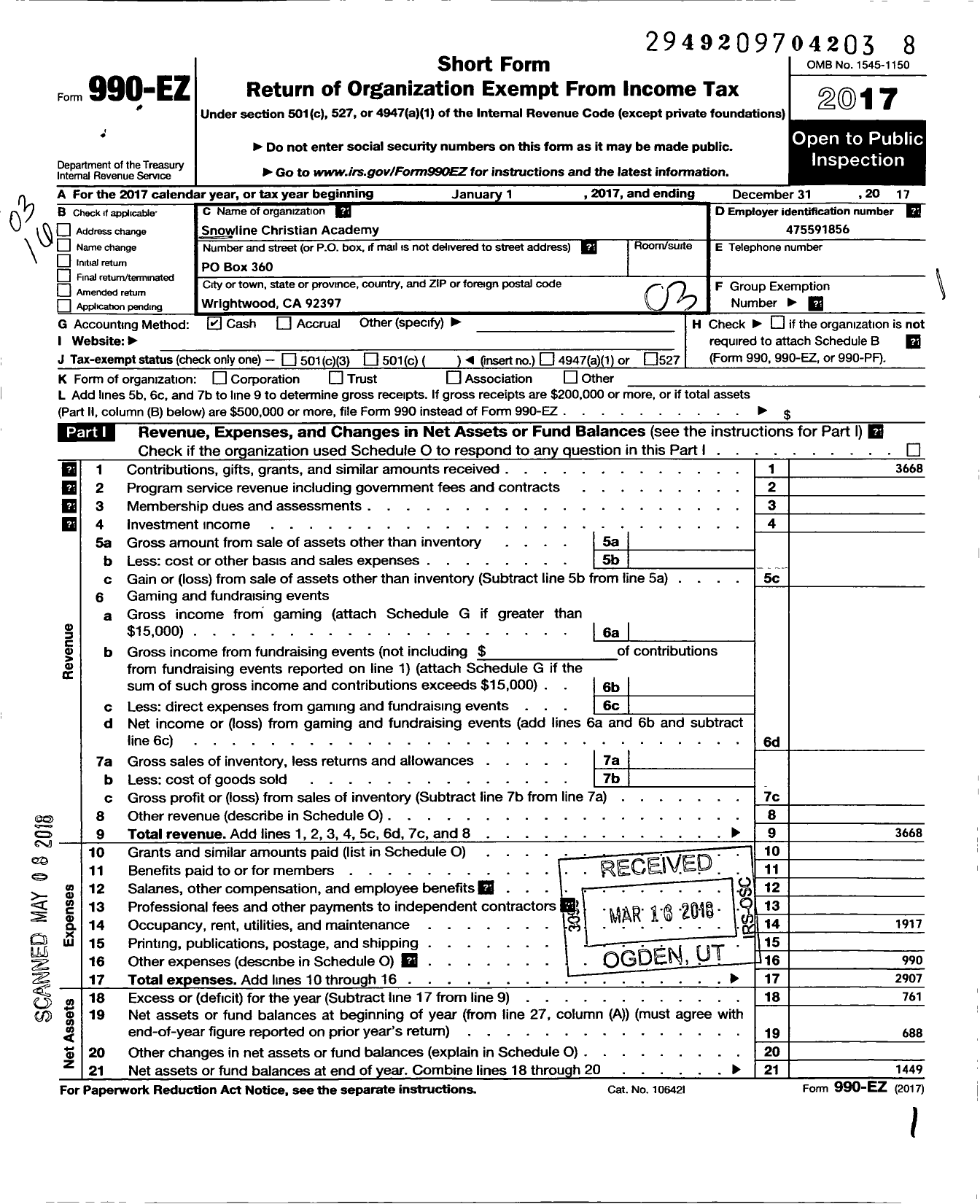 Image of first page of 2017 Form 990EZ for Snowline Christian Academy