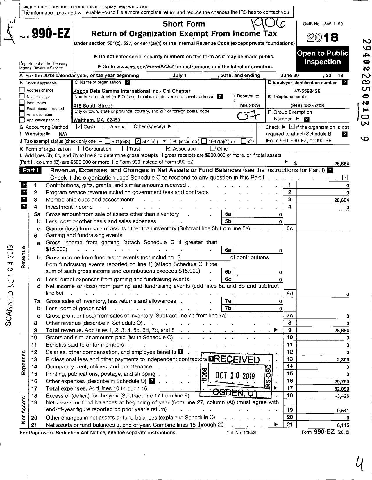 Image of first page of 2018 Form 990EO for Kappa Beta Gamma International / Chi