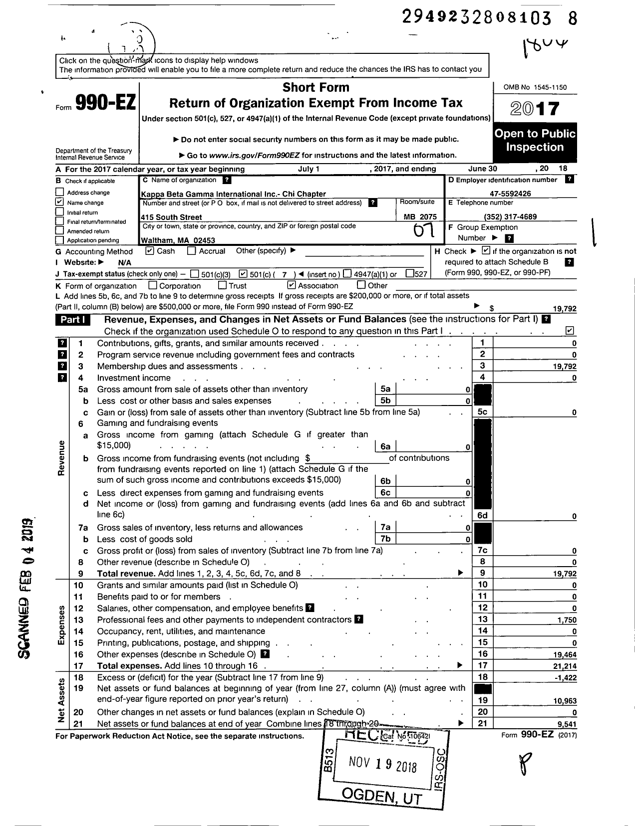 Image of first page of 2017 Form 990EO for Kappa Beta Gamma International / Chi