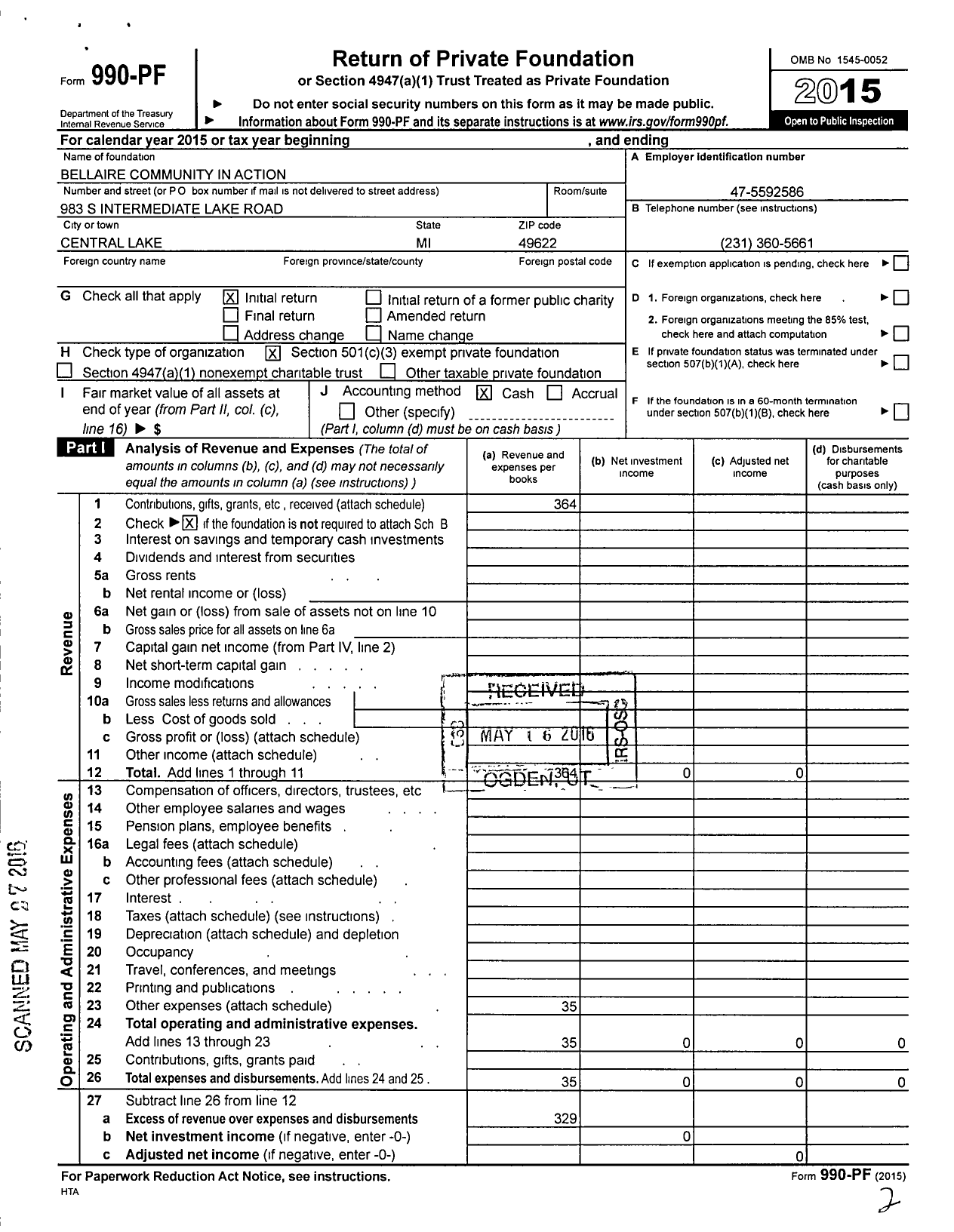 Image of first page of 2015 Form 990PF for Bellaire Community in Action