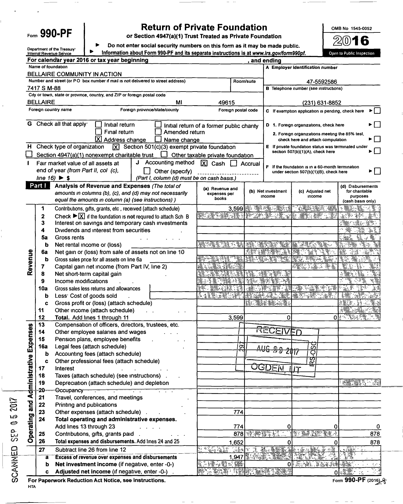 Image of first page of 2016 Form 990PF for Bellaire Community in Action