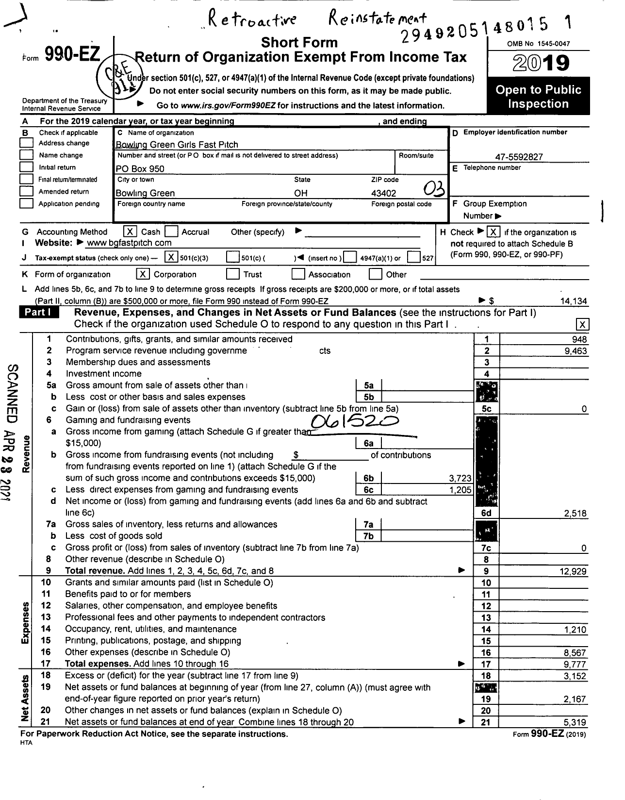 Image of first page of 2019 Form 990EZ for Bowling Green Girls Fast Pitch