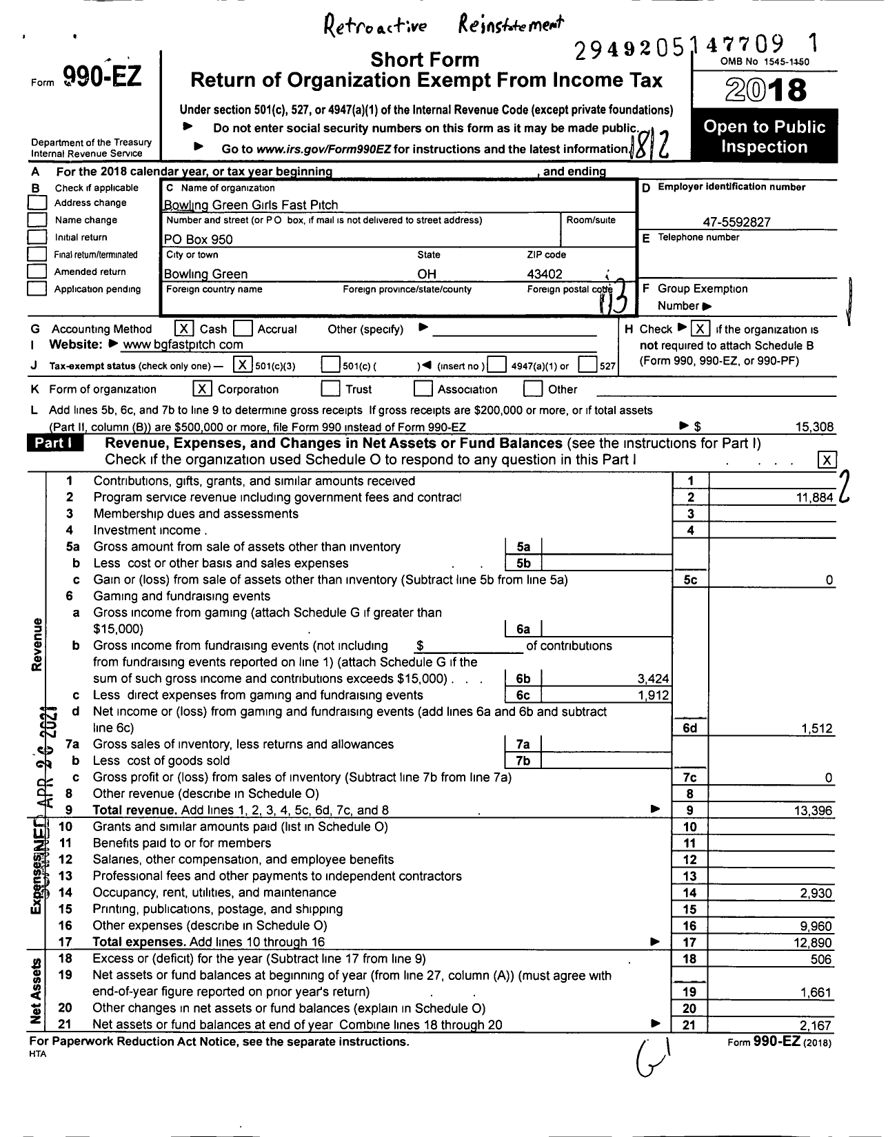 Image of first page of 2018 Form 990EZ for Bowling Green Girls Fast Pitch