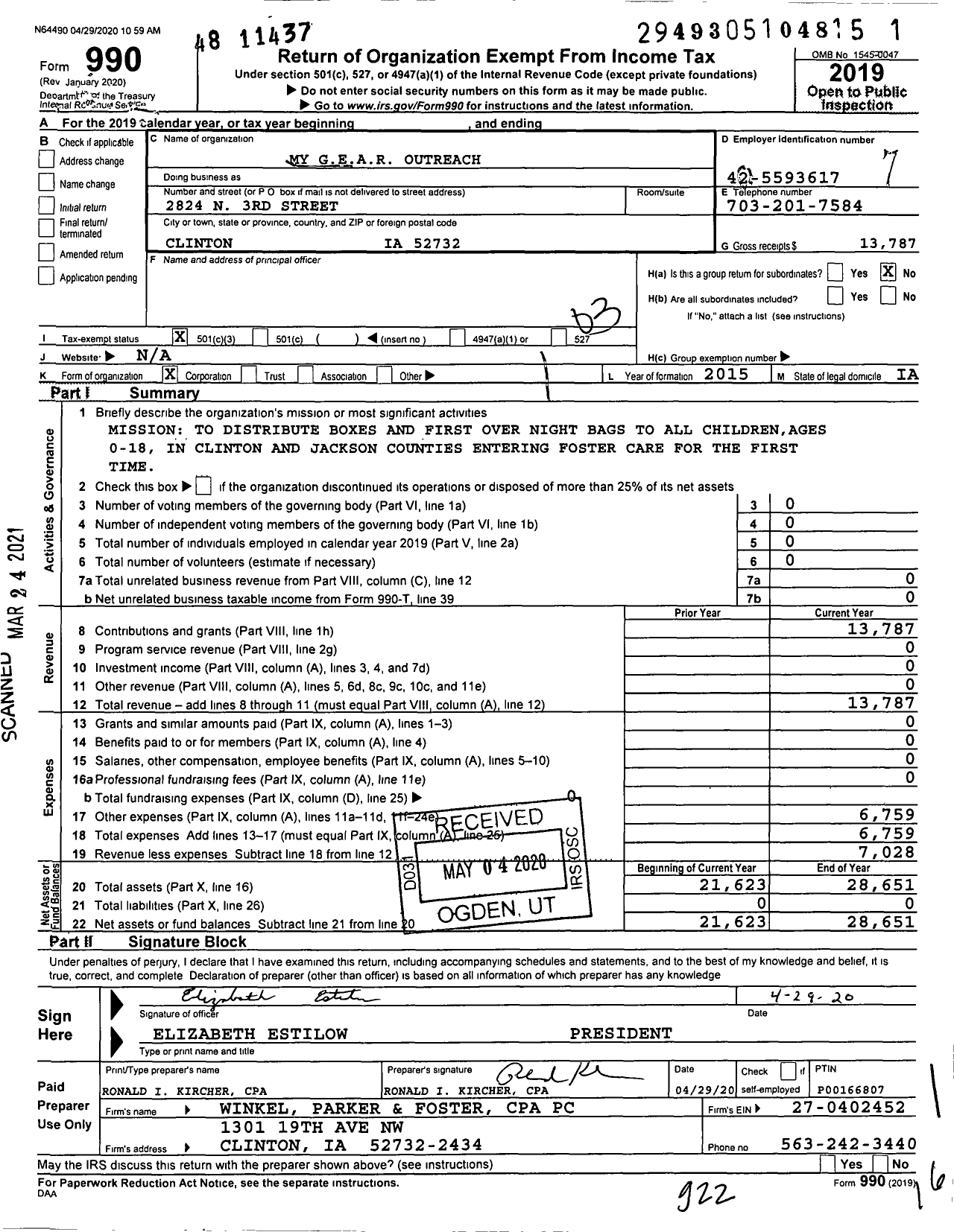 Image of first page of 2019 Form 990 for My Gear Outreach