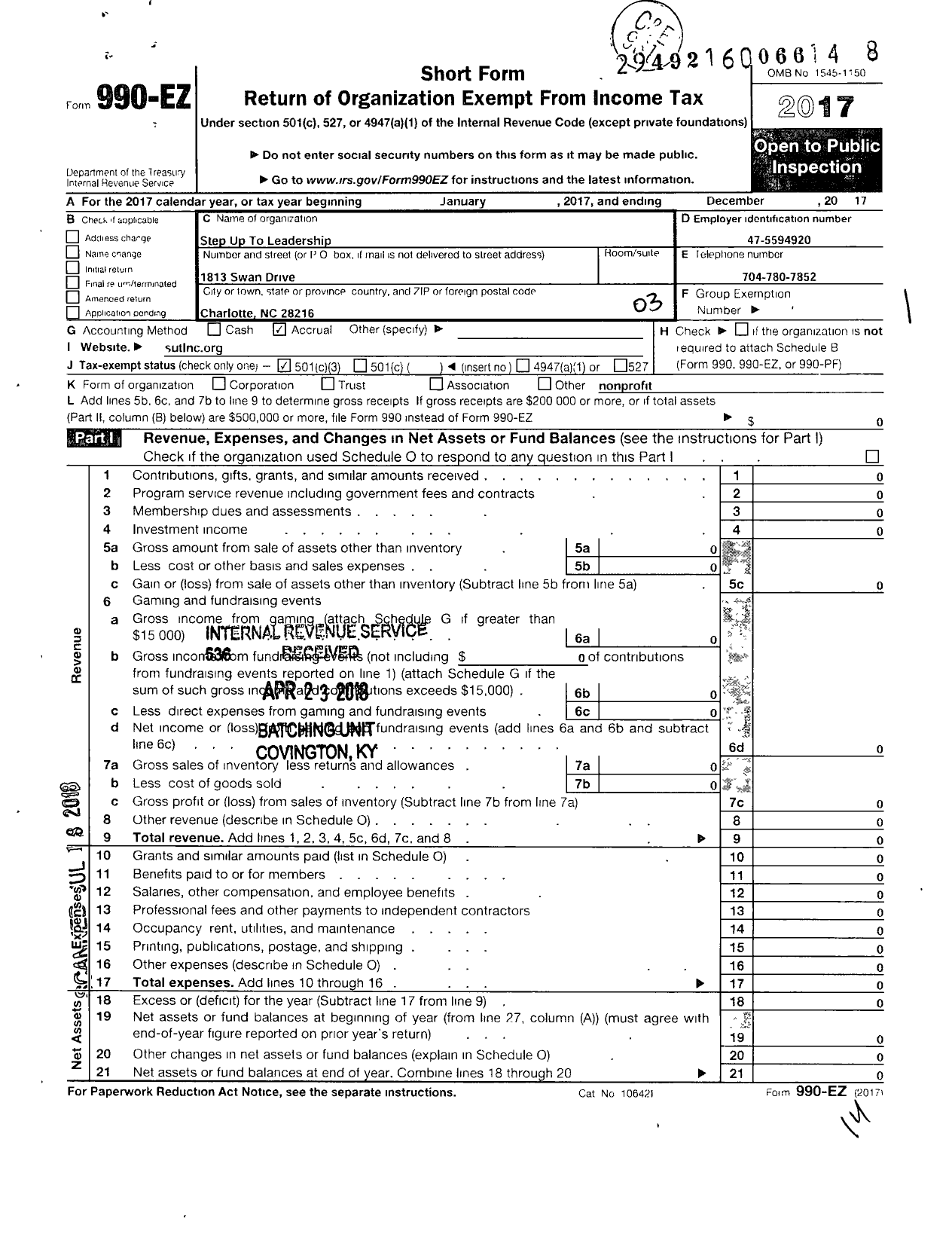 Image of first page of 2017 Form 990EZ for Step Up To Leadership