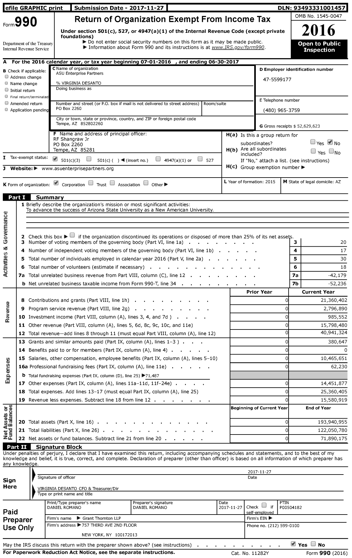 Image of first page of 2016 Form 990 for Arizona State University Enterprise Partners