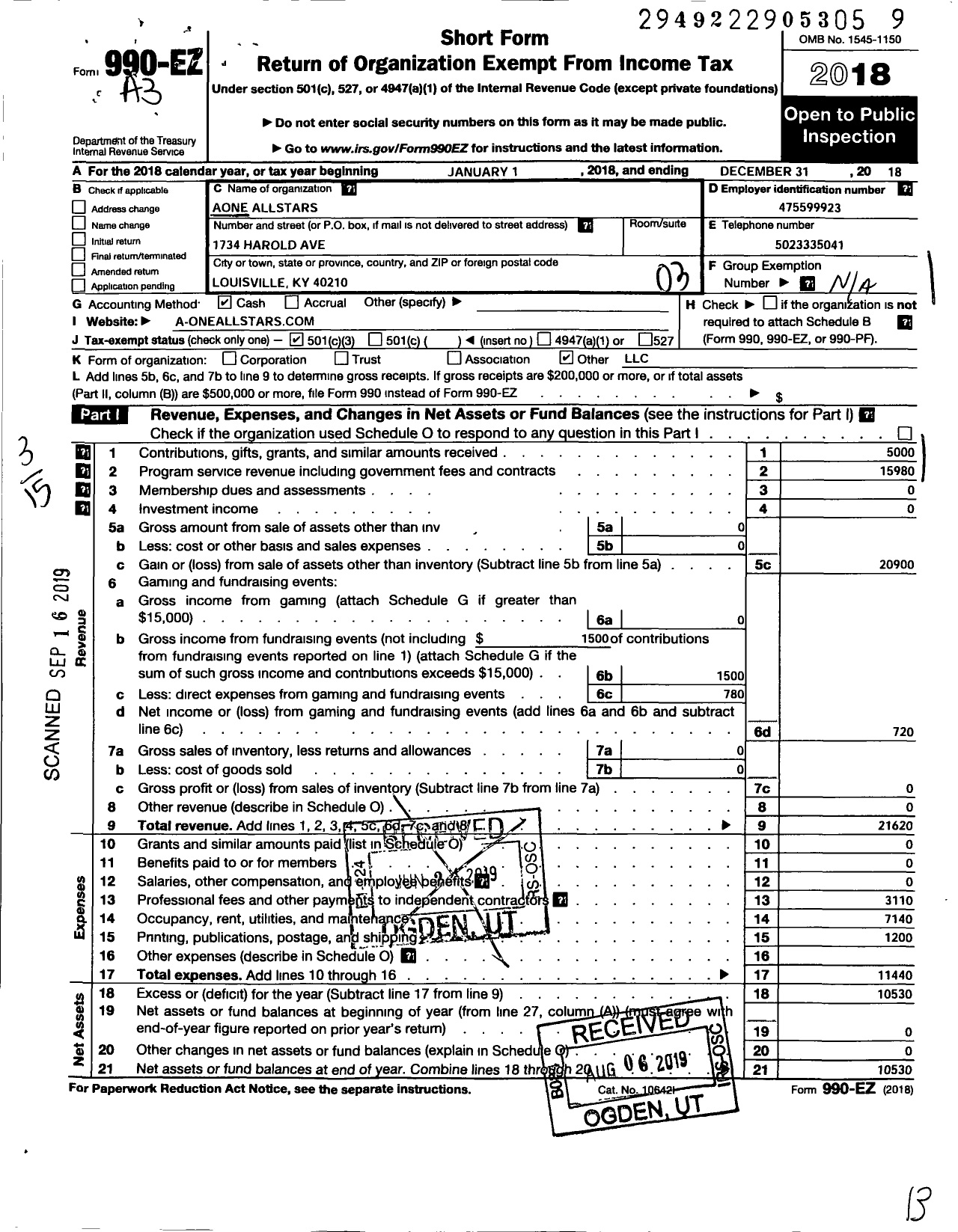 Image of first page of 2018 Form 990EZ for Aone Allstars Foundation